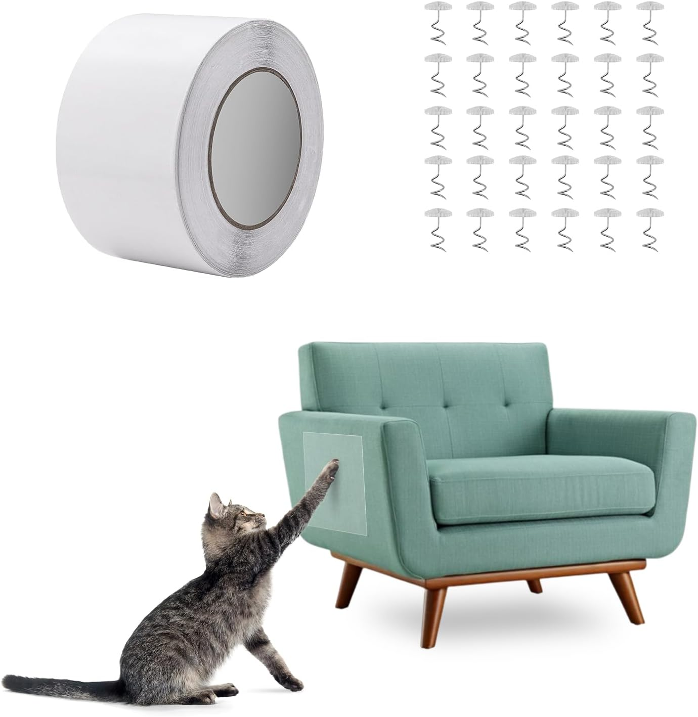 Cat Furniture Couch Protector, 20Cm X10M Self-Adhesie Cat Scratch Protector with 30 Spiral Nails for Protecting Upholstered Furniture Sofa (7.6Cm X 27M) image number 2