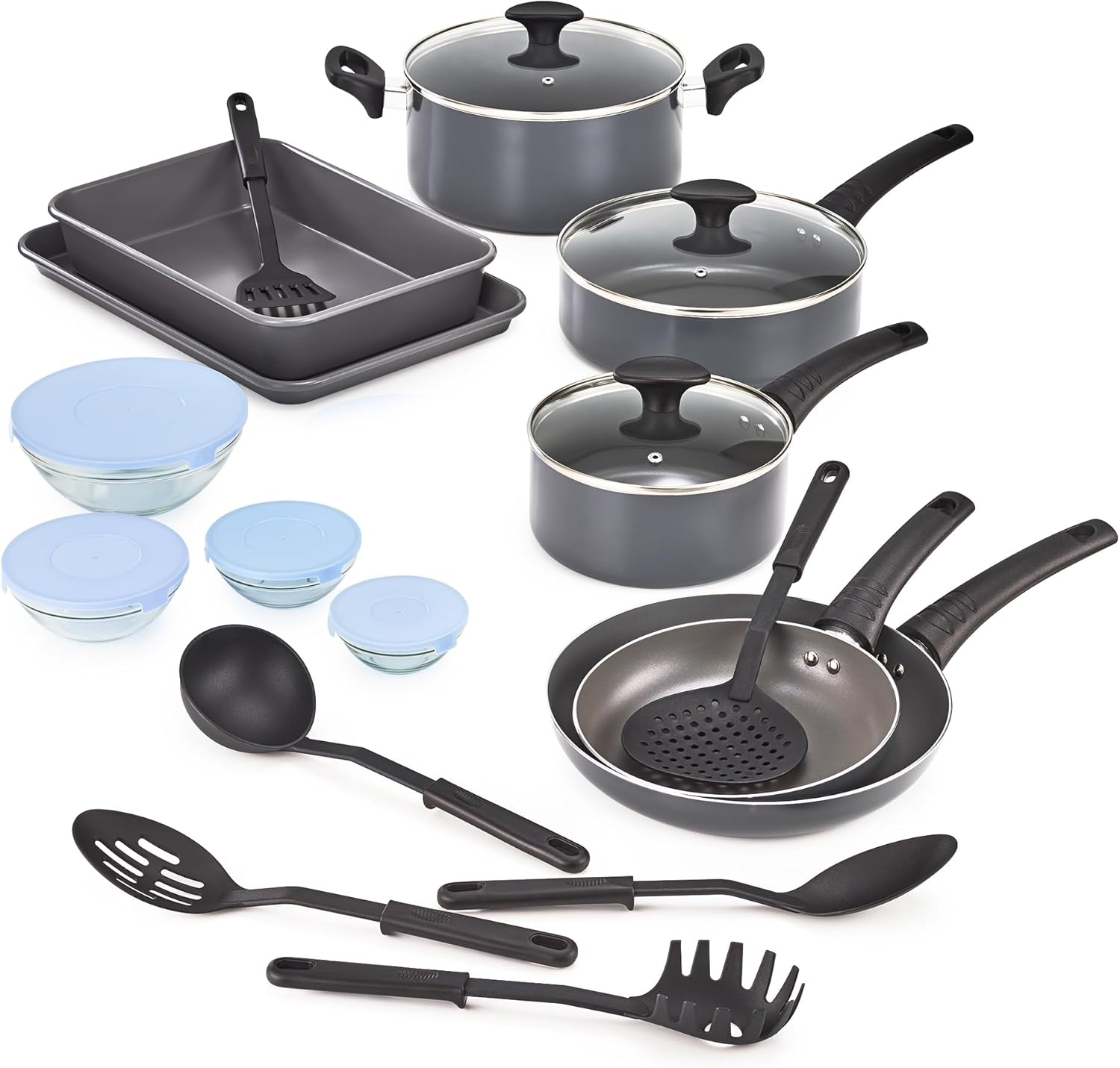 BELLA Nonstick Cookware Set with Glass Lids - Aluminum Bakeware, Pots and Pans, Storage Bowls & Utensils, Compatible with All Stovetops, 21 Piece, Black