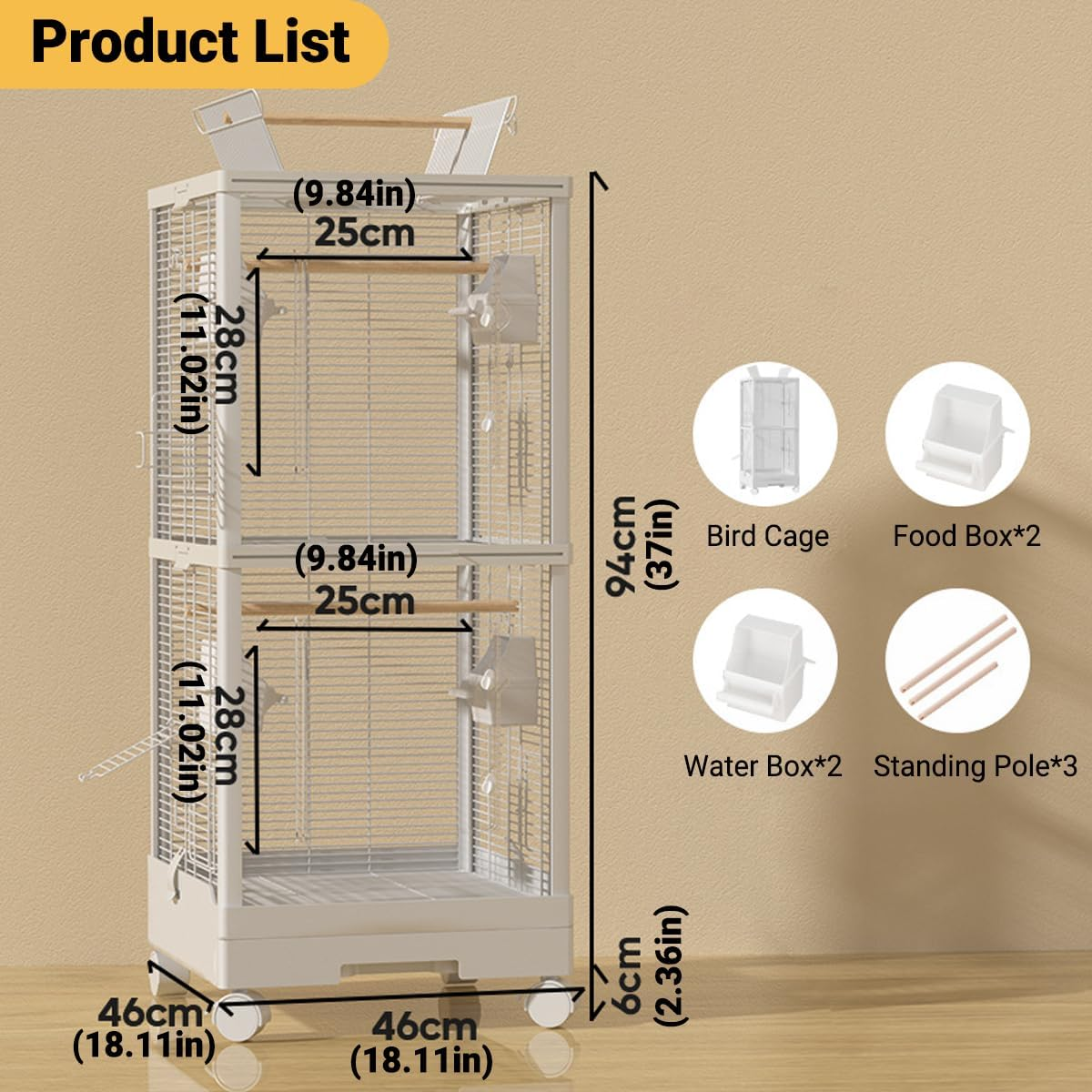 Jade Deals Double Layer Metal Bird Cage Villa, 37&times;18.11&times;18.11In Large Aviary House for Parrot & Small - Medium Birds, Indoor Pet Home image number 4