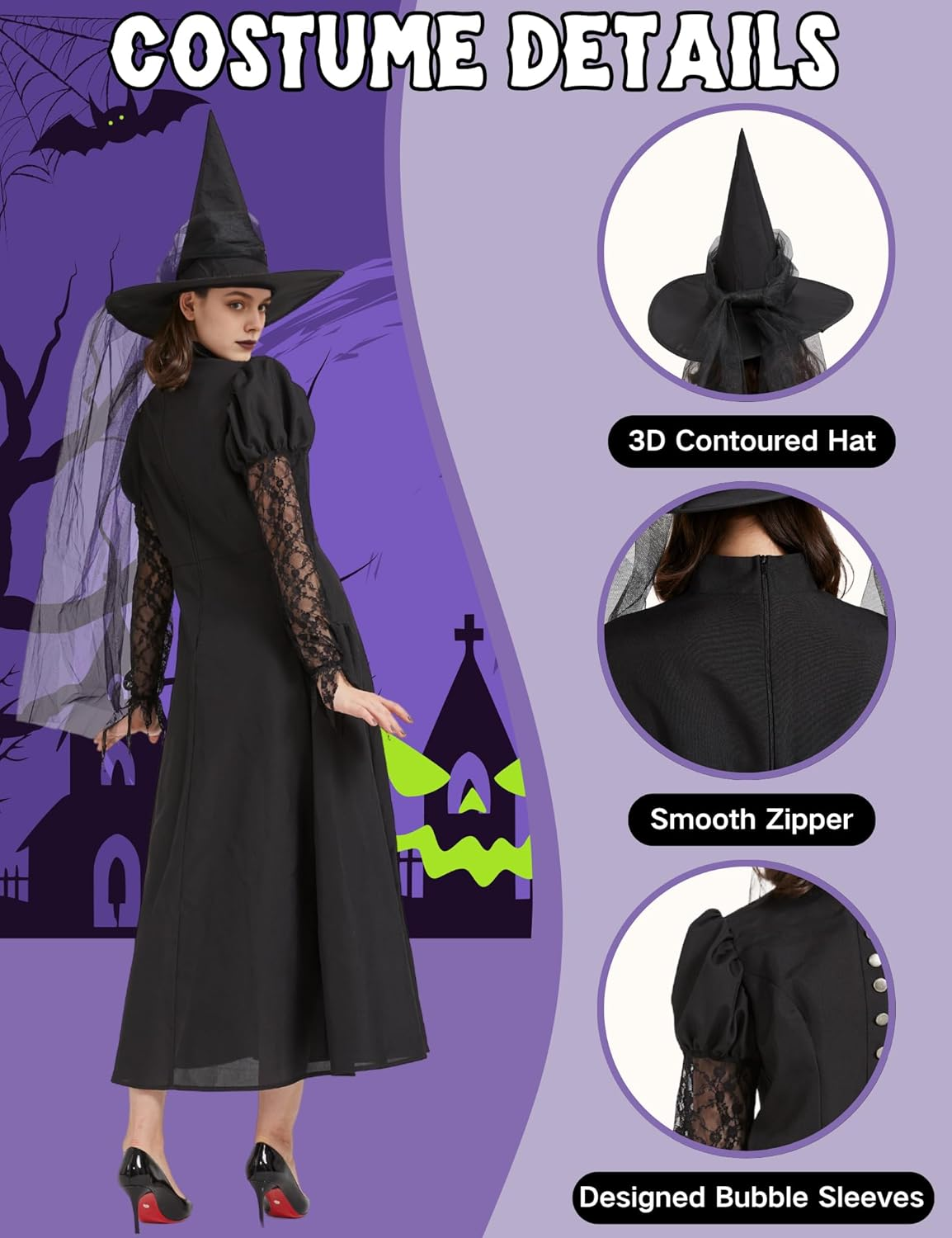 3Pcs Women'S Wicked Witch Costume for Adult Halloween Outfit Witch Dress with Hat and Tulle for Sorceress Cosplay image number 5