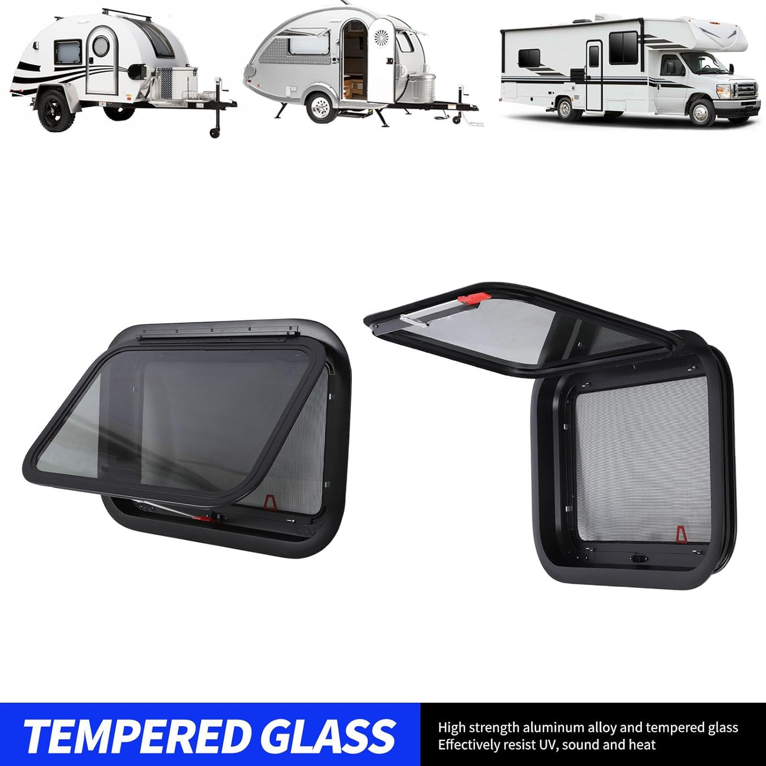 RV Exit Window 22.4X15.2 Inch External Push Out Window with Mesh Screen Support Rod for Caravan Camping Trailer Motorhome image number 3