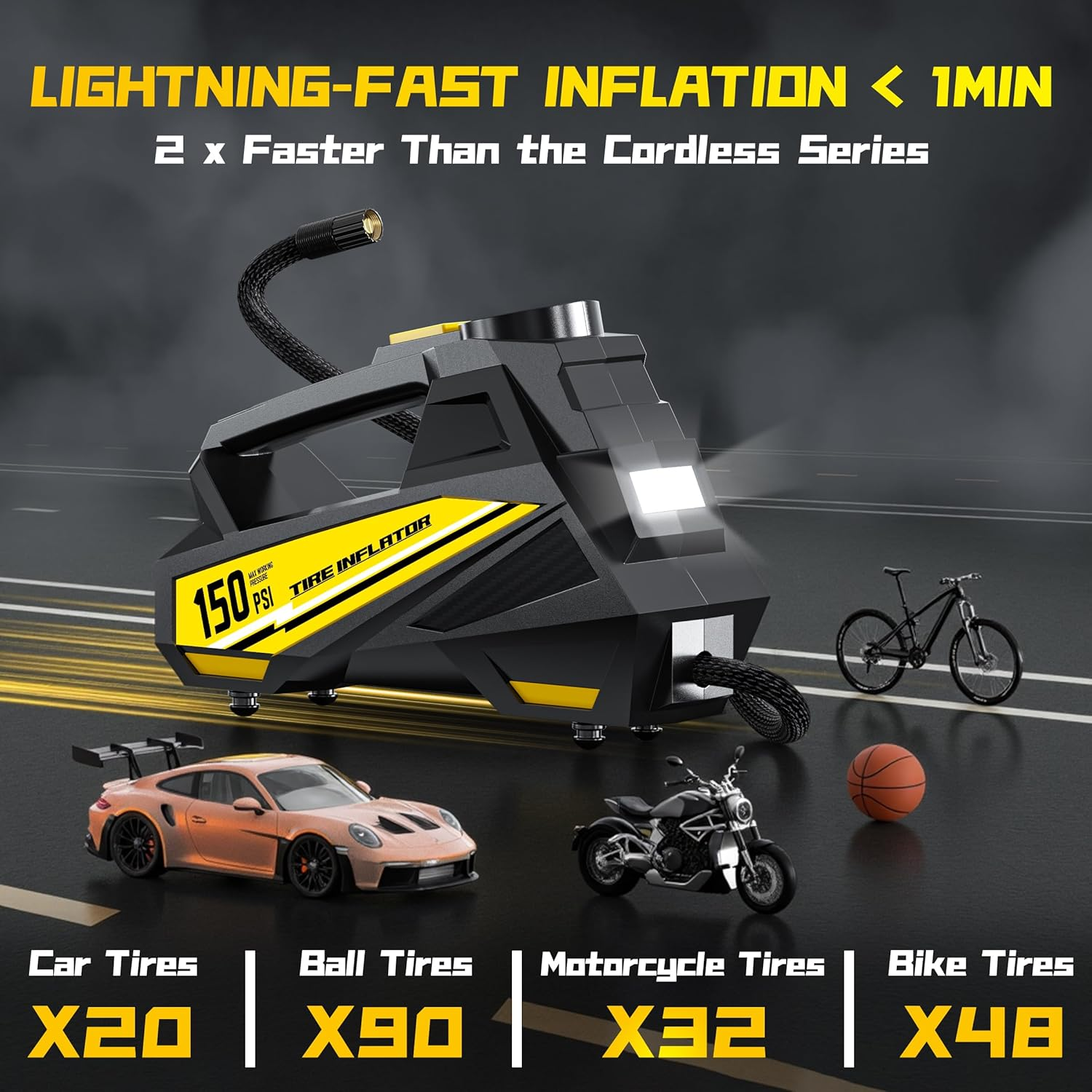 Zumist Tyre Inflator Car Air Compressor - 150PSI Portable Air Pump Car Accessories, DC 12V Fast Inflation Electric Tire Pump with Digital Pressure Gauge, LED Light & Auto Shutoff for Motorcycle, Bike image number 2