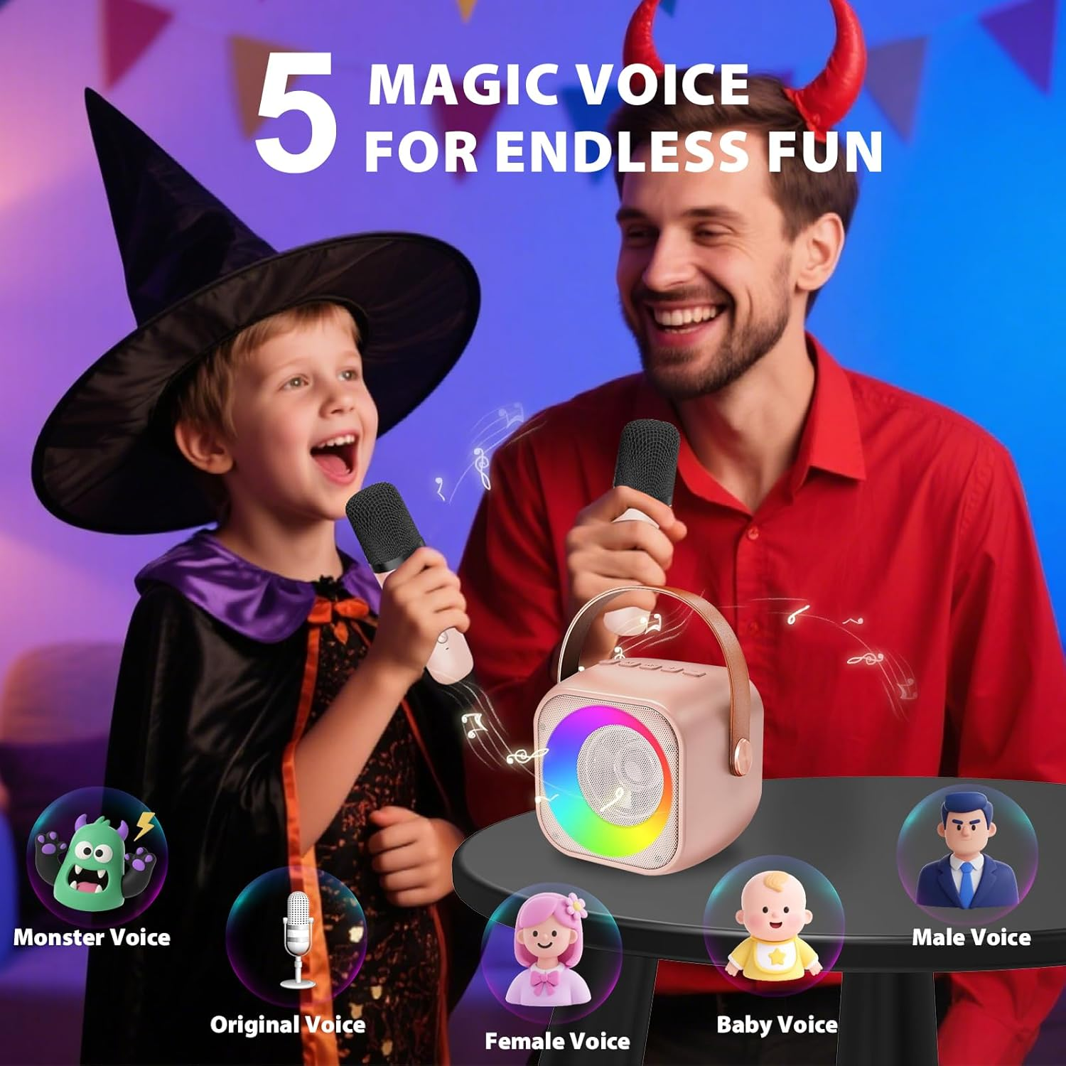 Mini Karaoke Machine for Kids Adults, Portable Bluetooth Speaker with 2 Wireless Microphones, Microphone and Speaker Set with Disco Light for Home Party Christmas Birthday Gift for Girls Boys - Black image number 7