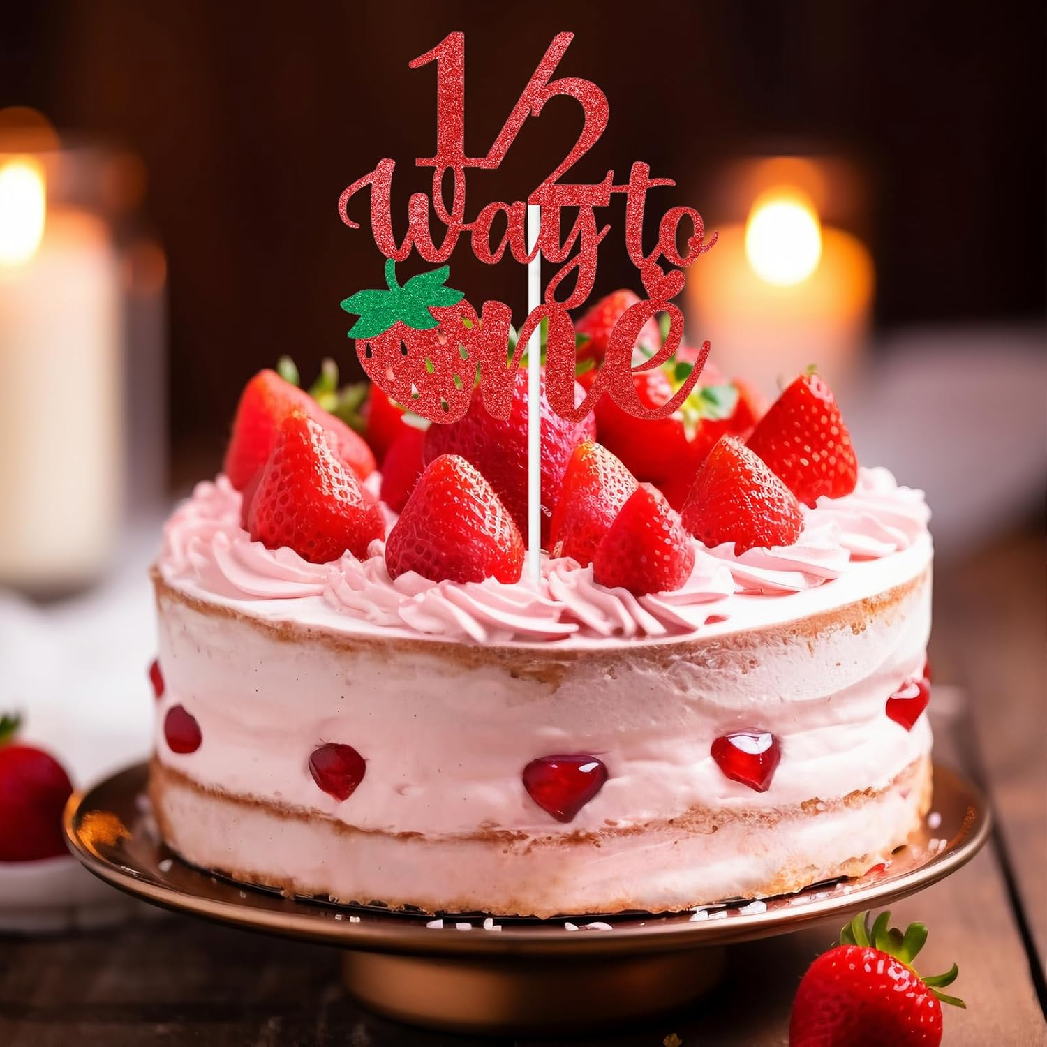Strawberry Half Birthday Cake Topper, Berry Sweet 6 Months Celebration, Glitter Cake Pick, Happy Birthday Decorations image number 4