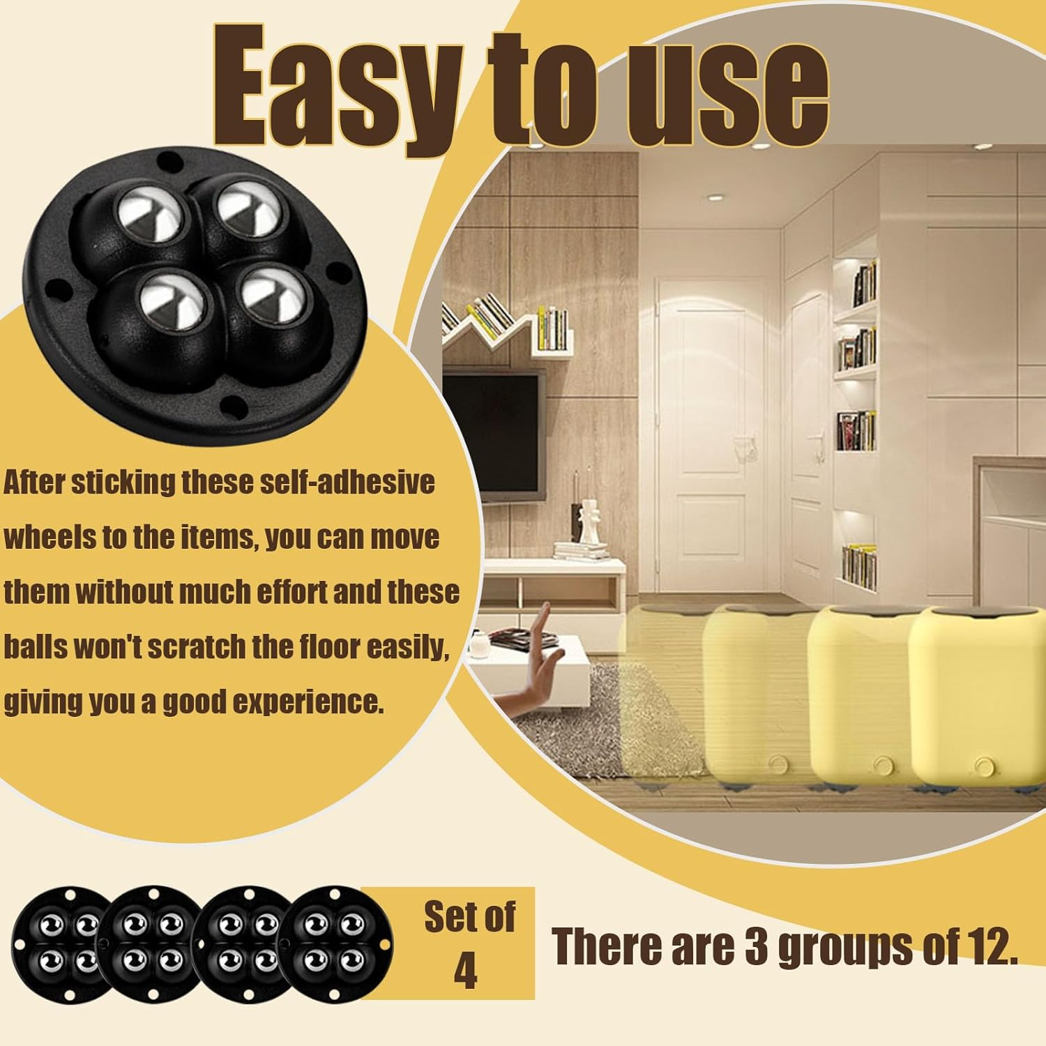 3 Set Self Adhesive Mini Caster Wheels 360 Degree Rotation Sticky Pulley Stainless Steel Universal Wheel with Bearing Roller Casters for Furniture Storage Box Trash Can Bins Bottom Moving (Black) image number 4