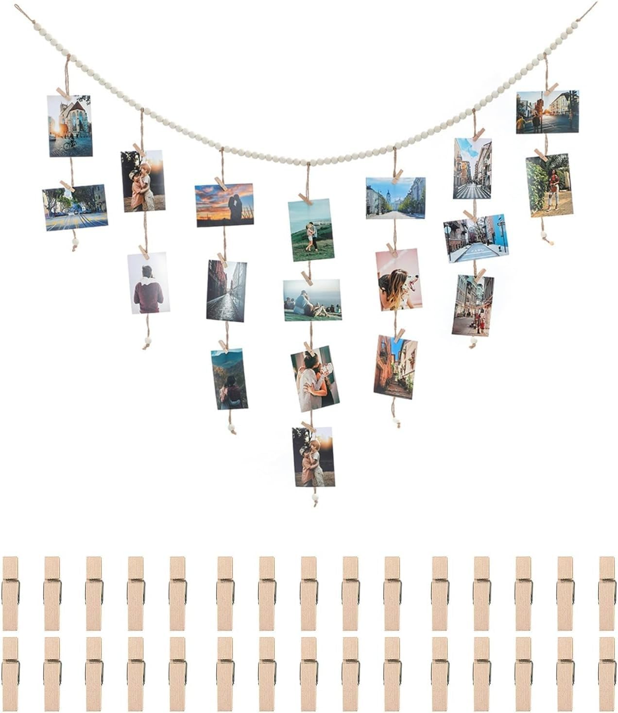Boho Hanging Photo Display with 30 Clips Wooden Beads, Collage Hanging Picture Frames with String, Photo Garland Wall Decor for Bedroom Living Room Dorm Art Teenager Girl image number 2