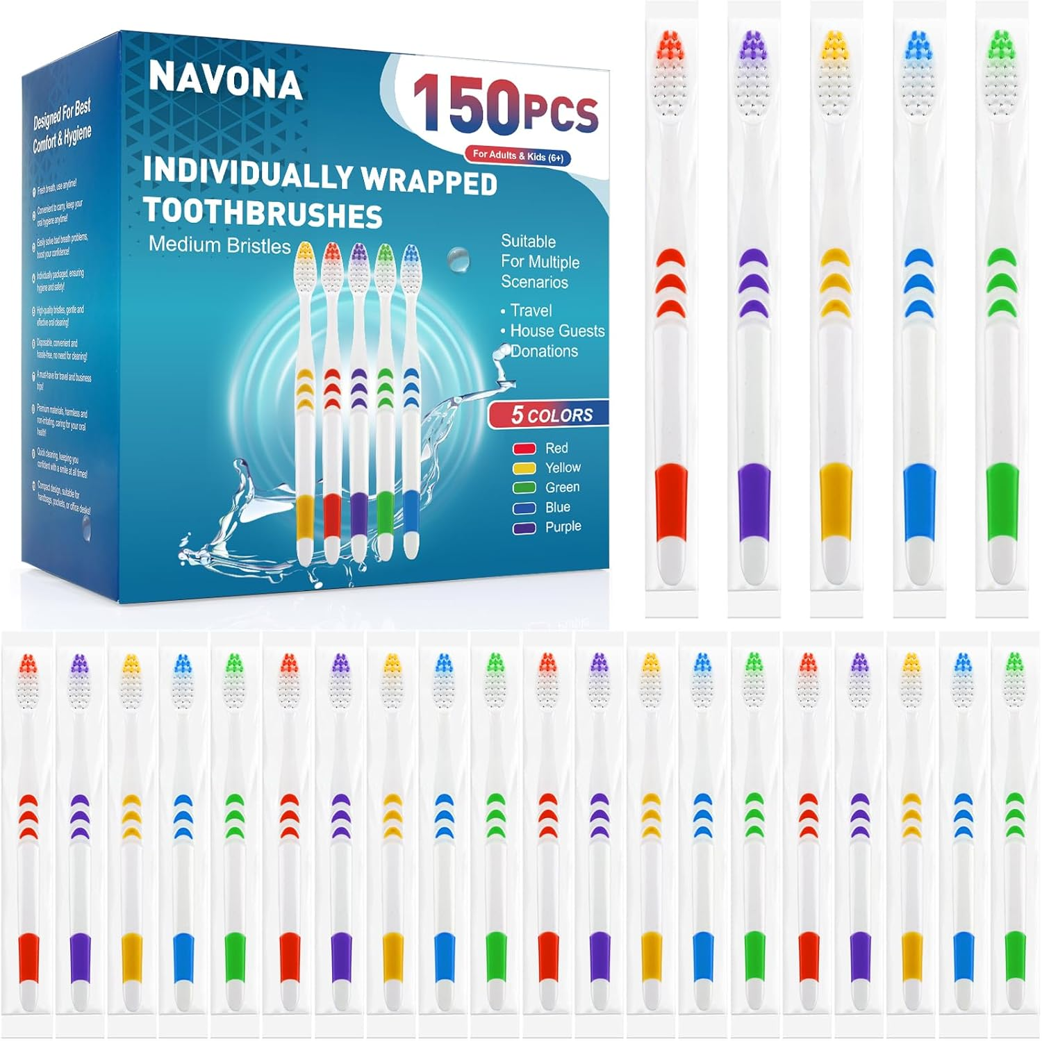 Navona 150 PCS Individually Wrapped Bulk Toothbrush Pack, Disposable Soft Bristle for Adult or Kid, Ergonomic Handle, Perfect for Travel, Hotel, Donation image number 3