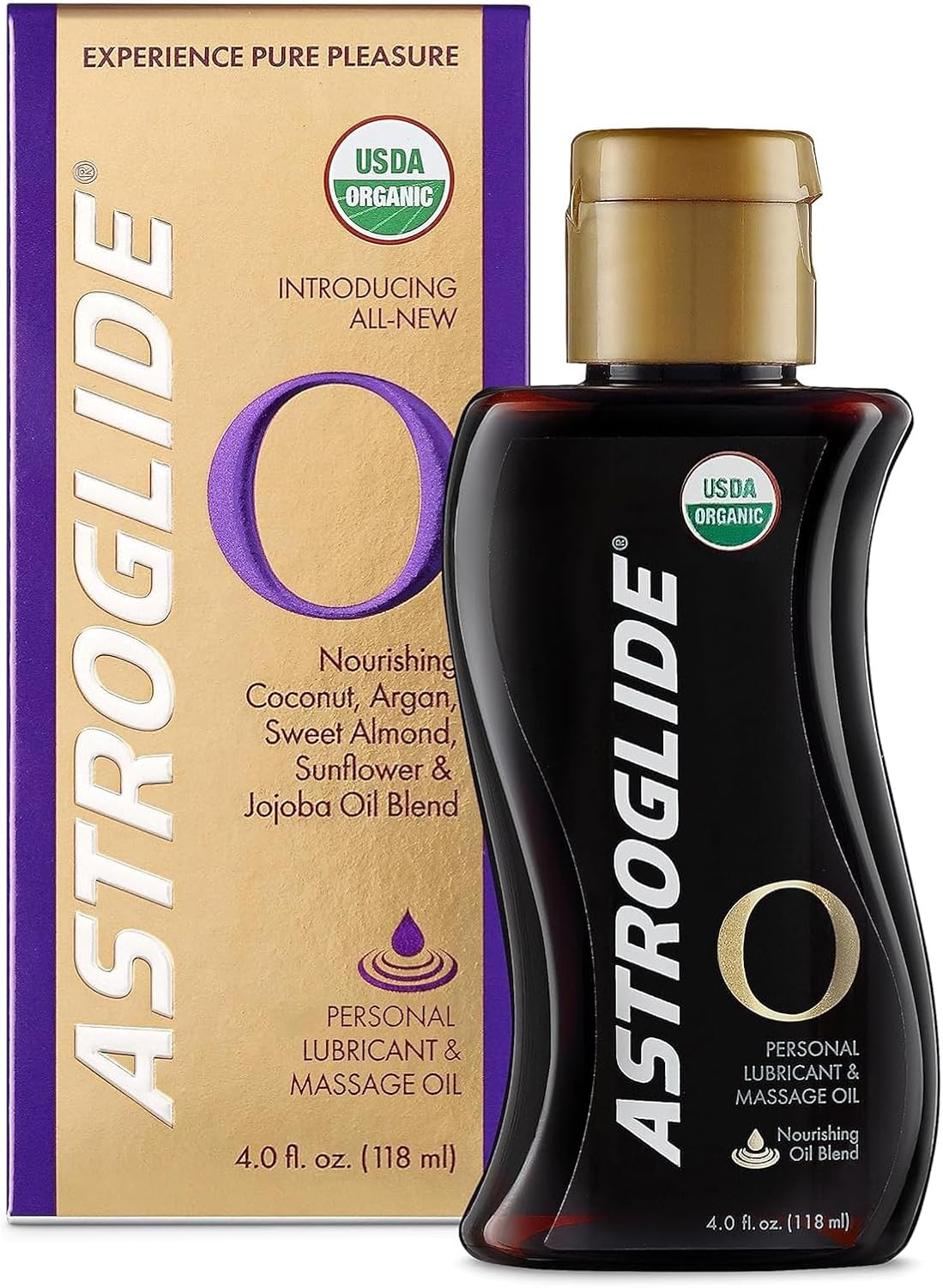 Astroglide Sensual Massage Oil and Lubricant, O Organic Essential Oil Based for Long-Lasting Pleasure for Men, Women and Couples, 118Ml