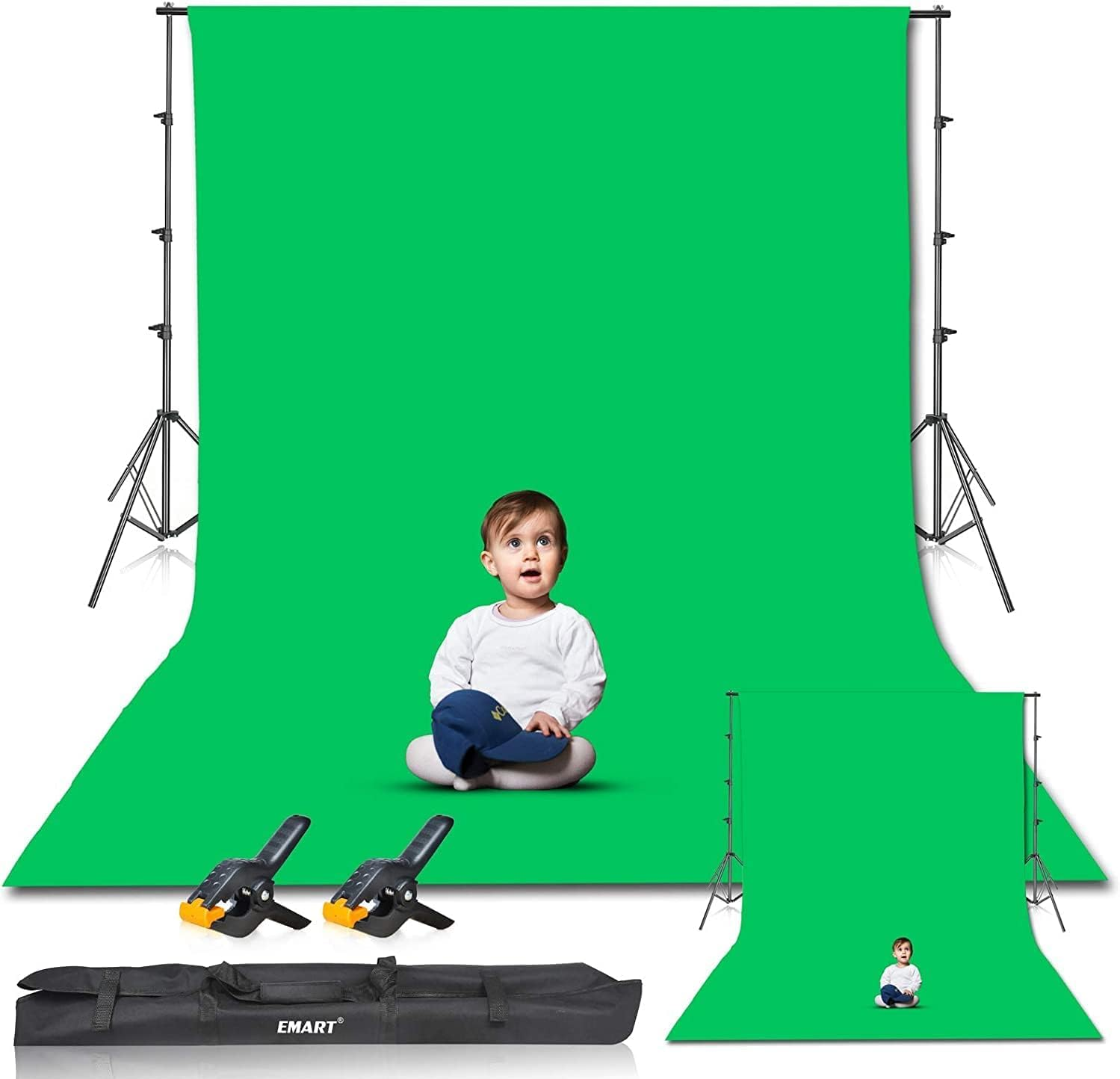 EMART Green Screen Background with Stand, 8.5X10Ft(2.6X3M) Photography Backdrop Kit with 10X12Ft(3X3.6M) Support Frame for Portrait, Video, Shooting, Photo Studio