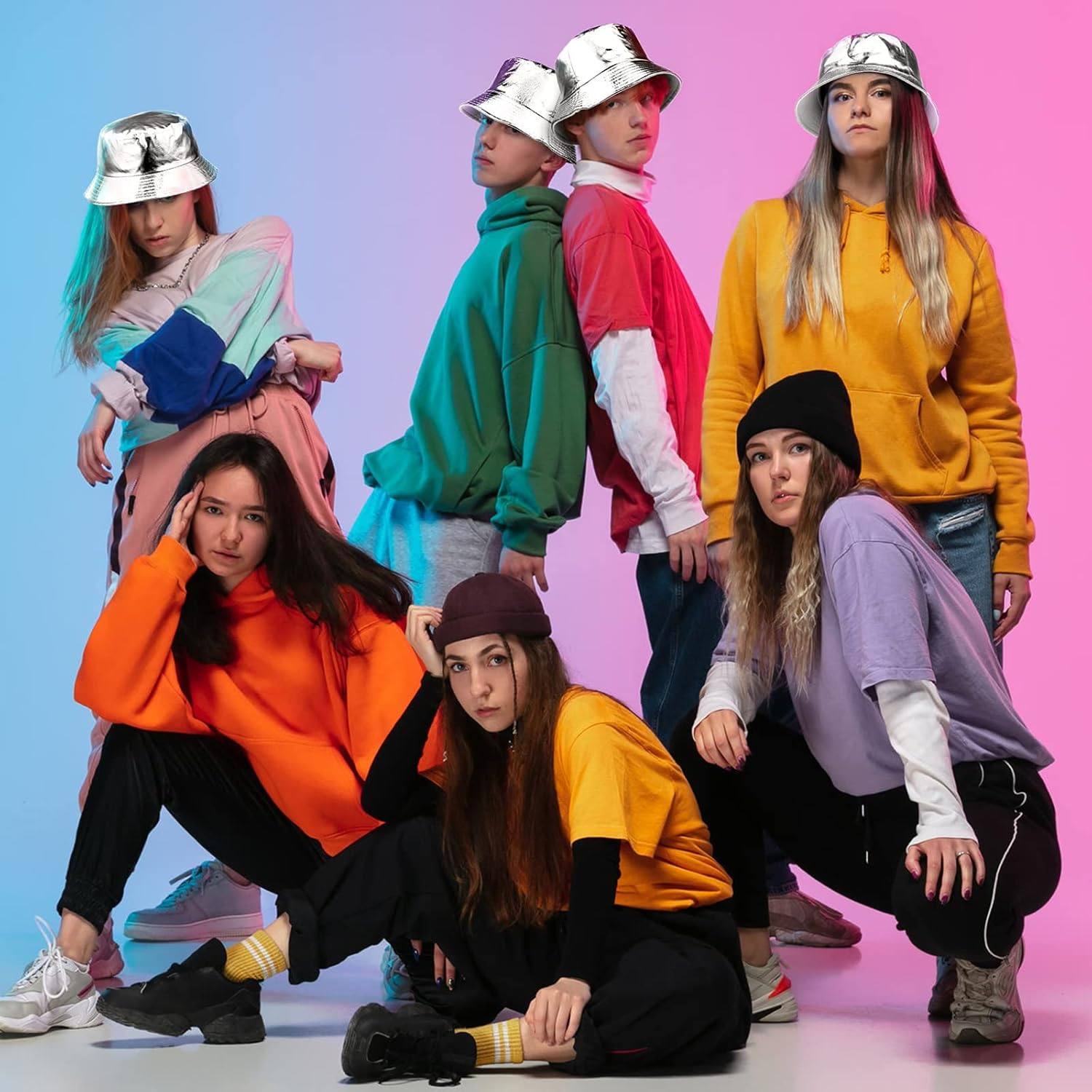 SATINIOR 2 Pcs Metallic Bucket Hat Unisex Trendy Fisherman Hat Reversible Foldable Packable Cap Double Side Hat Hip Hop image number 5