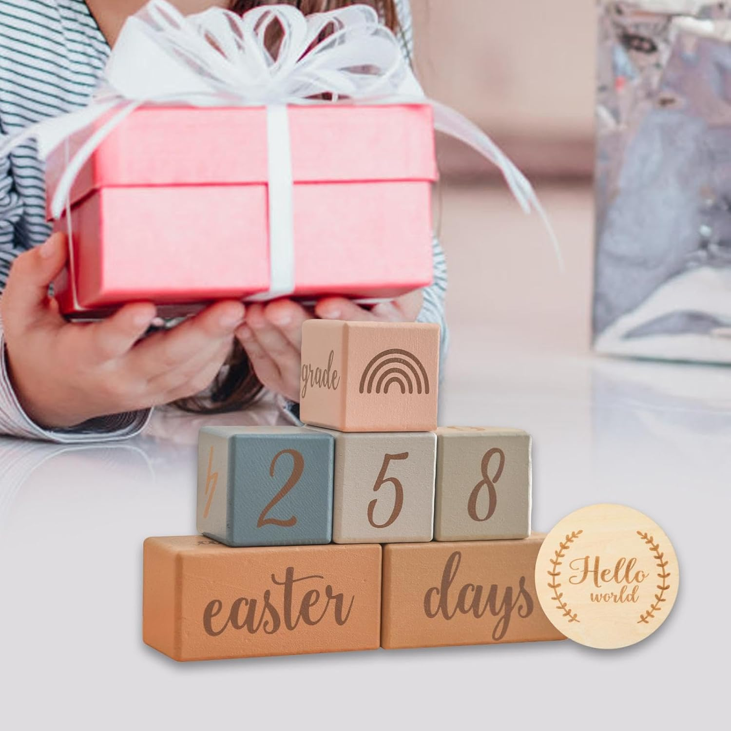 Milestone Blocks Set Memories Growing Up, Week Month Year Creative Decoration Boys or Girls Wooden Discs, Age Blocks, Blue - Pink image number 5