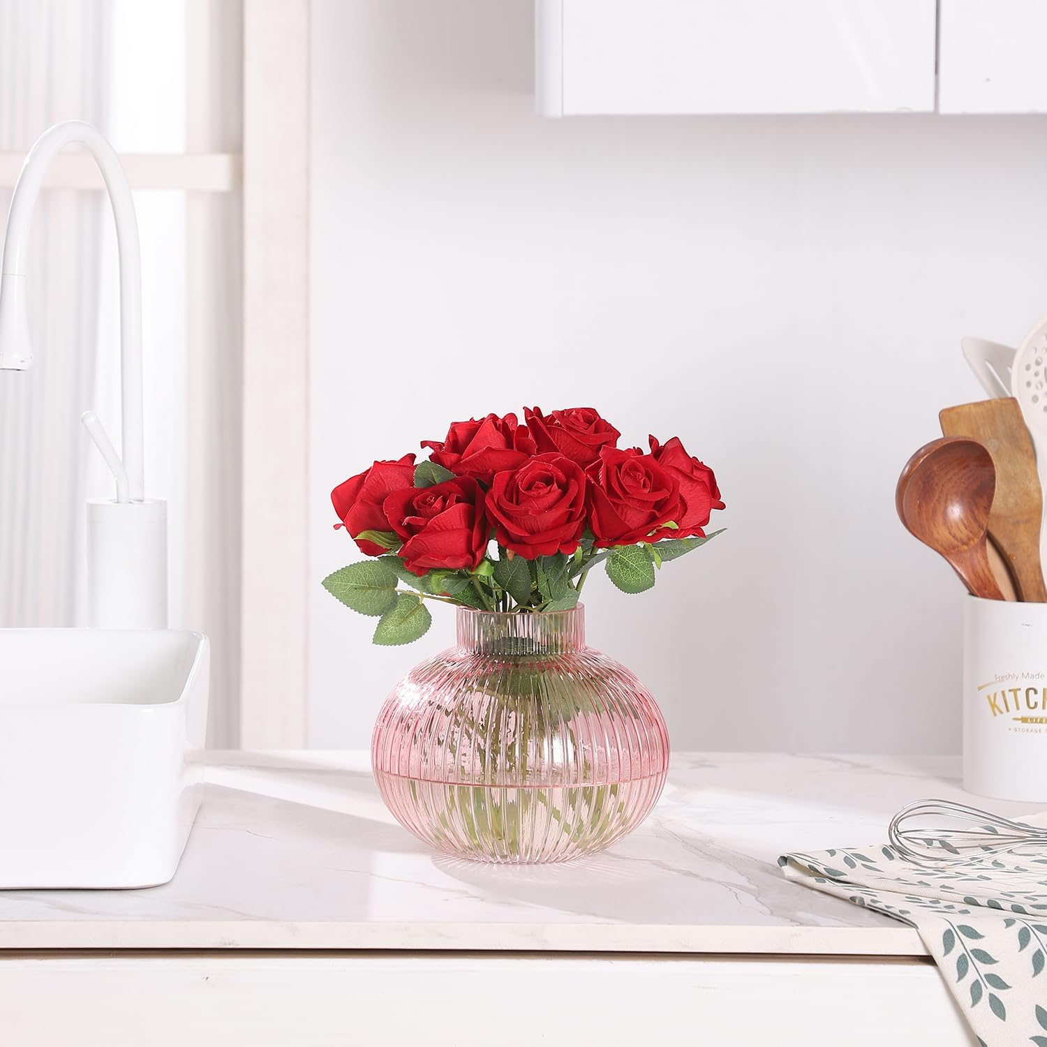 Pink Glass Vase for Flowers, Ribbed Glass Vase, round Flower Vases for Tulips, Short Vases for Living Room, Office, Coffee Table, Shelf, Wedding, 6 Inches image number 2