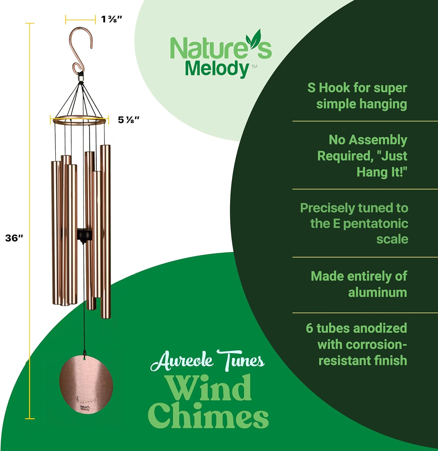 Nature&rsquo;S Melody Aureole Tunes Wind Chimes &ndash; Outdoor Windchime with 6 Tubes Tuned to E Pentatonic Scale, 100% Rustproof Aluminum, Powder Finish & S Hook Hanger for Sympathy, Memorial Gift or Zen Garden image number 6