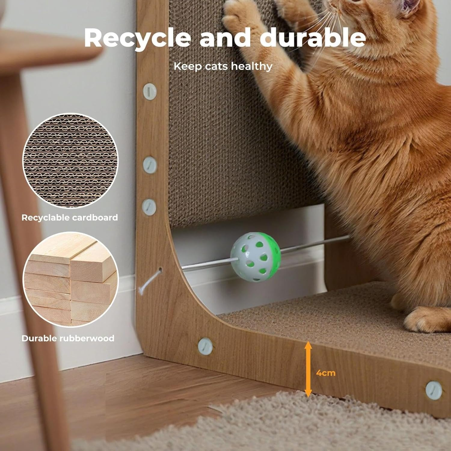 Pawz Cat Scratcher, L Shape Cardboard Cat Scratching with Ball Toy, Multi-Functional Pet Cat Scratch Board, Eco-Friendly and Durable, Protect Furniture, Cat Furniture for Indoor Cats image number 3