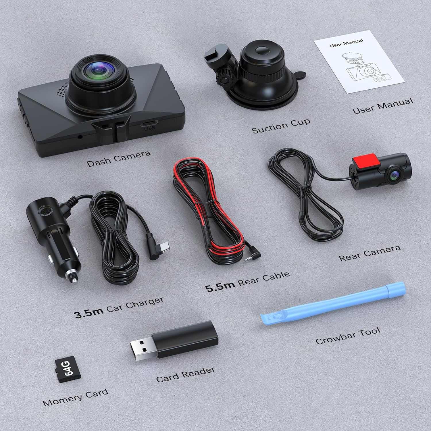 Range Tour Car Dash Cam Front and Rear, 64G Card Included, FHD 1080P Car Camera 170&deg; Wide Angle HDR Driving Recorde image number 2