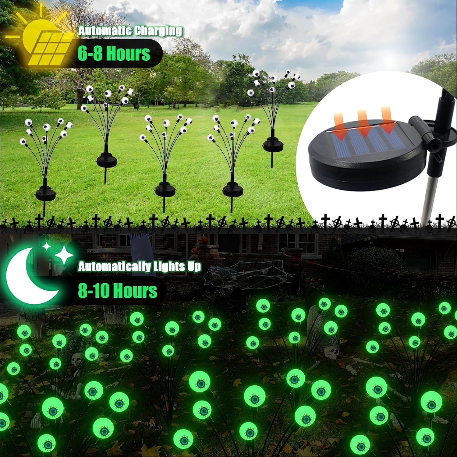 Augshy Halloween Decorations Outdoor, 2 Pack 16LED Solar Eyeball Pathway Lights, Scary Waterproof Solar Green Firefly Lights for Garden Lawn Yard Decor image number 1