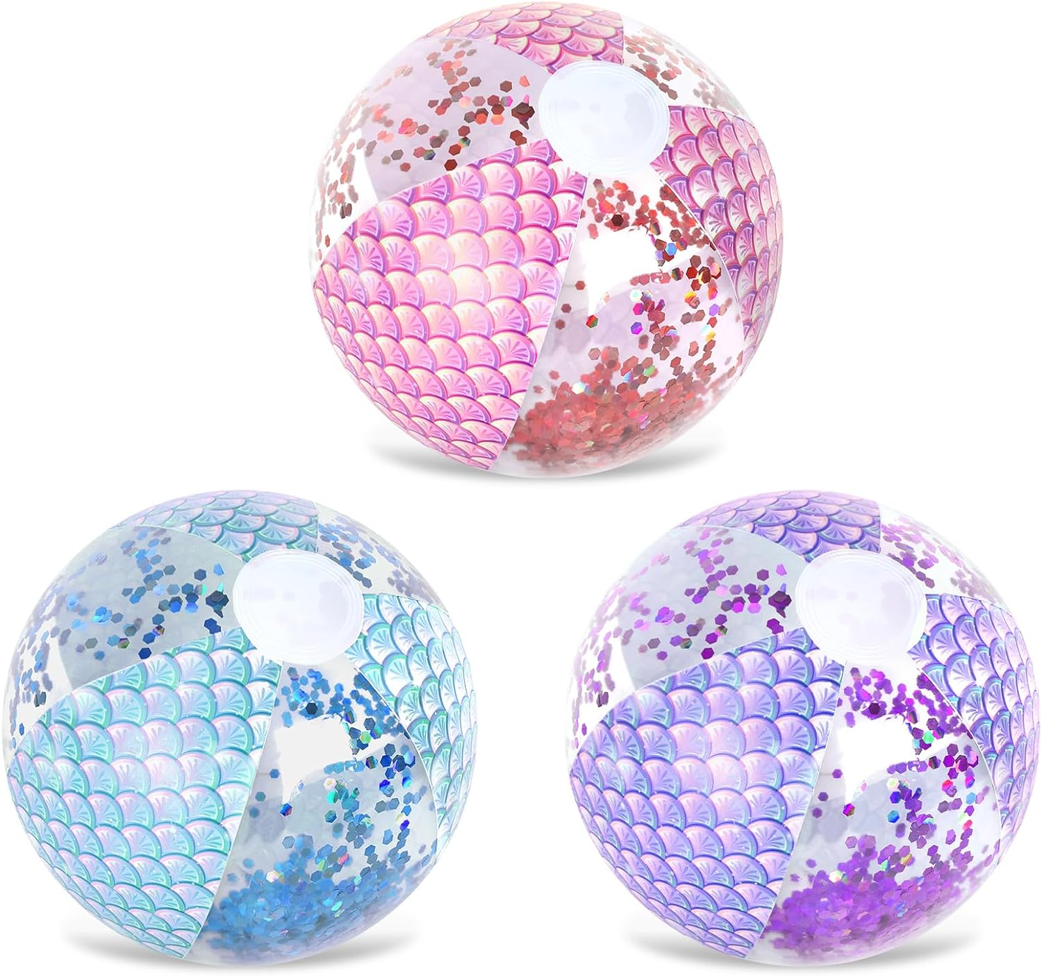 Whaline 3Pcs 16'' Mermaid Inflatable Beach Ball Glitter Pool PVC Balls Game Play Balloons for Summer Hawaiian Tropical Theme Beach Party Decorations Water Sand Game Accessory, Pink Blue Purple image number 4