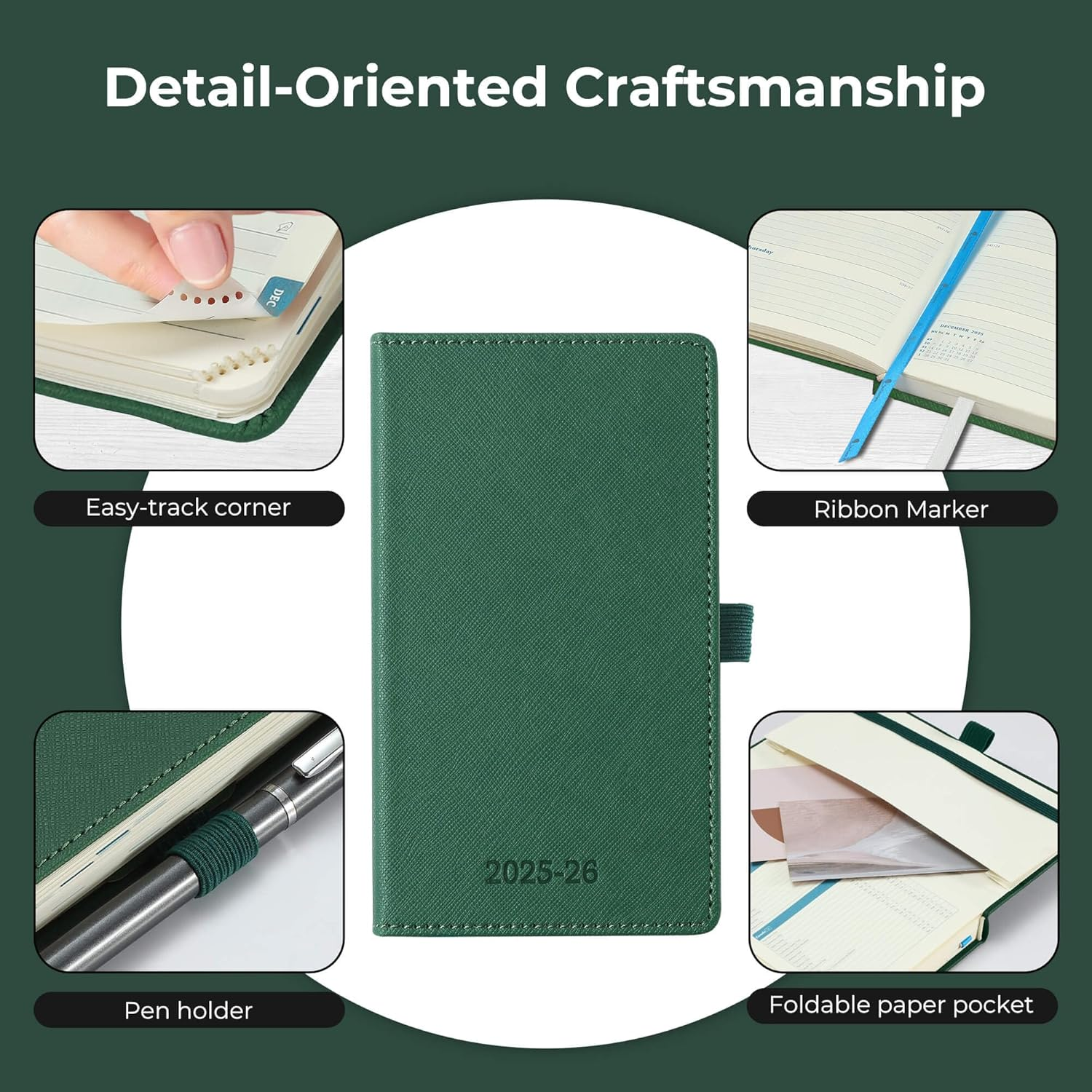 IN-LUXPRO Weekly Monthly 2025-2026 Planner (July 25-Dec 26),6.5"X3.75",18 Months Agenda Plan with Month Tabs & Pocket,Expenses/Note Pages, Academic Calendar with Vegan Leather Cover,Green image number 6