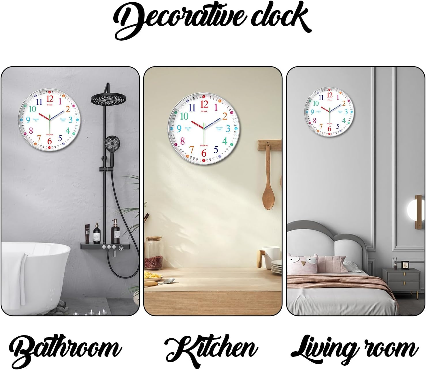 Wigmoa Telling Time Clock - Nonticking Cute Wall Watch Clock - Silent Analog Clock for Room- BA-3 (E Type, 10 Inch) image number 3