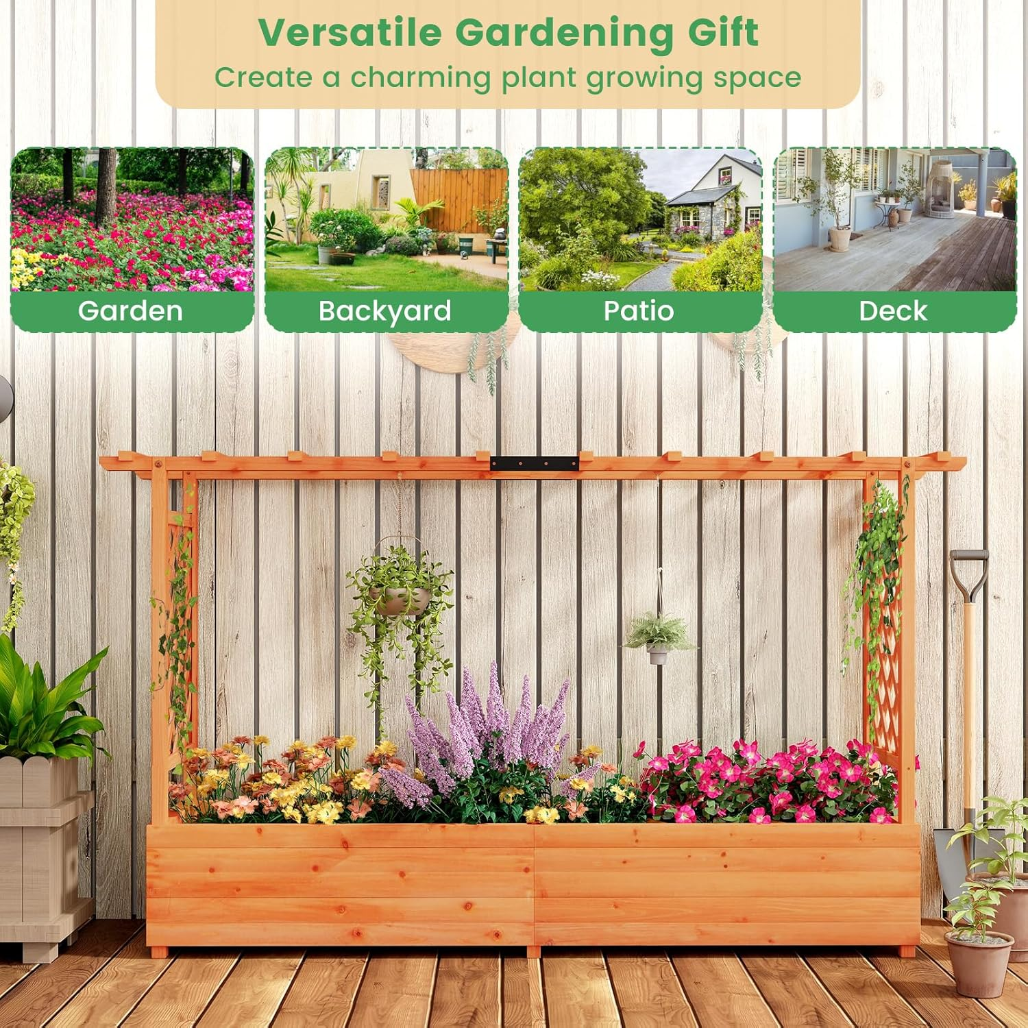Giantex Raised Garden Bed with 2-Sided Trellis & Hanging Roof, Fir Wood Planter Box W/Drainage Holes, Bottom Gaps, Freestanding Garden Planter for Flowers Herbs Climbing Vines (79" X 17.5" X 45") image number 3