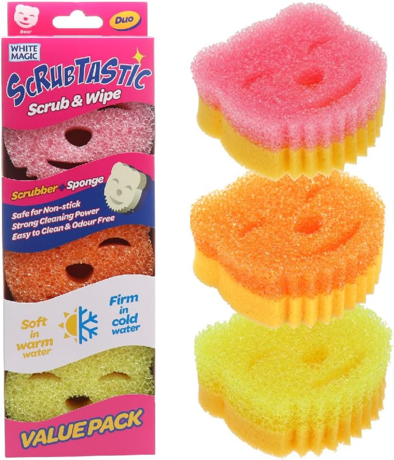 White Magic Scrubtastic Scrub & Wipe Sponge Duo 3 Pack &ndash; Dual-Action, Firm in Cold & Soft in Warm, Ergonomic Bear Shape, Scratch-Free, Odour Resistant, Safe for All Surfaces