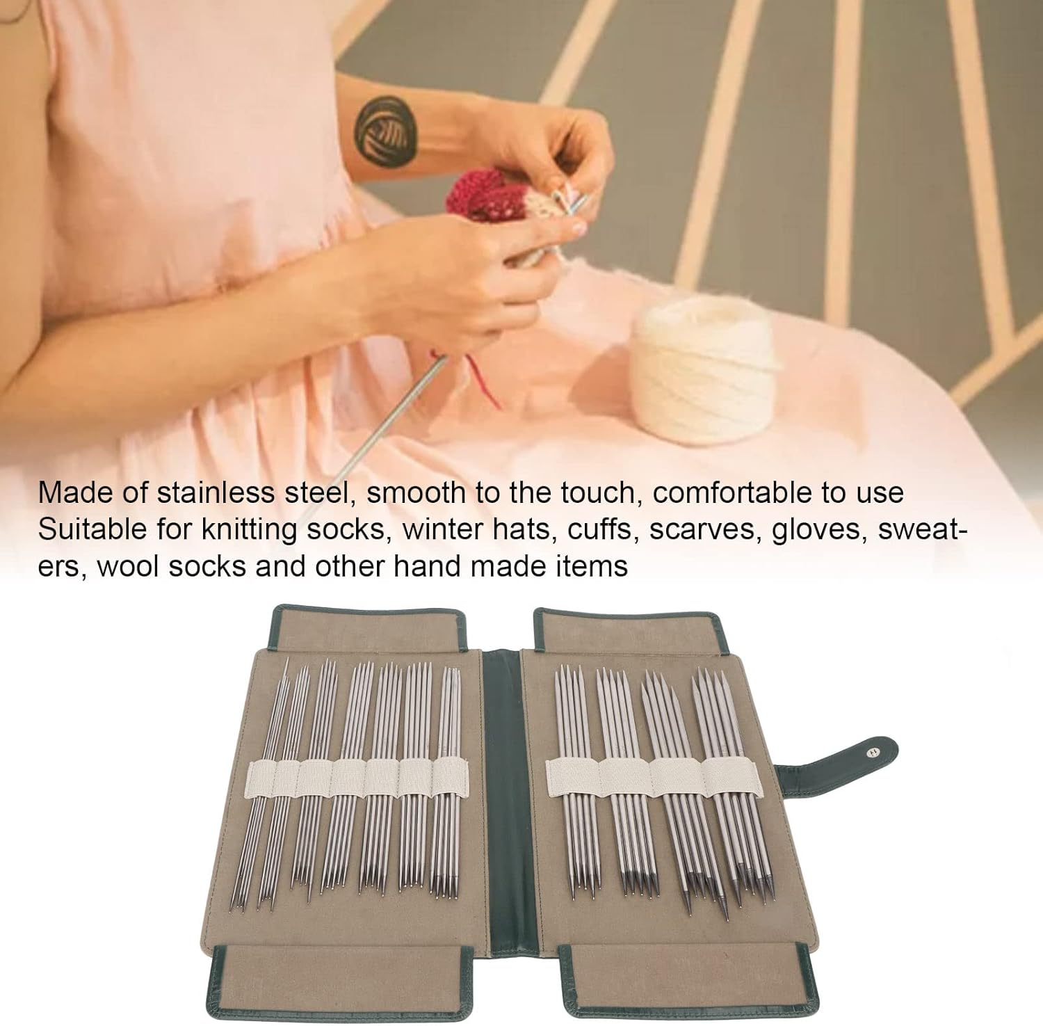 Double Pointed Knitting Needles, 55Pcs 11 Size Stainless Steel Yarn Needles with PU Leather Storage Bag, Straight Knitting Needles Set, Sweater Needle Kit image number 3