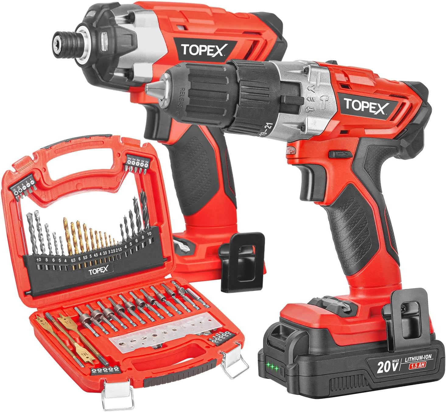 TOPEX 20V Cordless Hammer Drill Impact Driver Power Tool Combo Kit W/Drill Bits