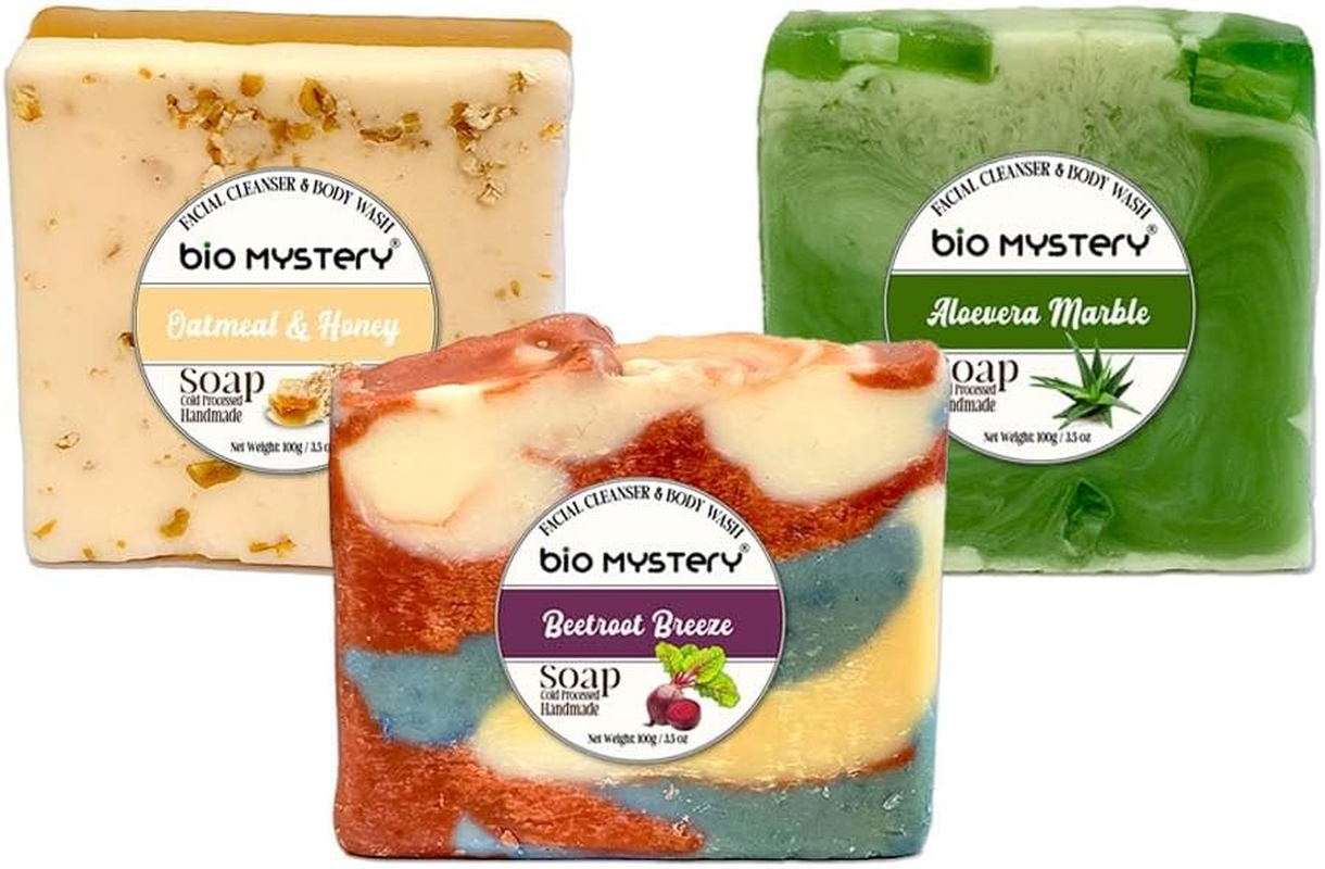 Bio Mystery Natural Soap Bar with Essential Oils &ndash; Handmade Vegan Soap for Body & Face &ndash; Cold Process Plant-Based Bars &ndash; 3.5 Oz Each &ndash; Set of 3 &ndash; Gentle & Moisturizing