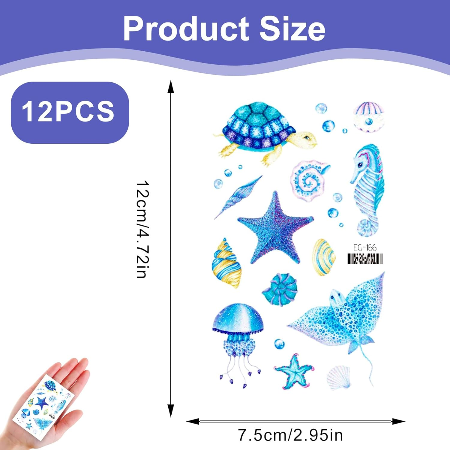 12 Sheets Sea Animals Tattoos, Glitter Underwater Tattoos for Children, Temporary Fake Tattoos with Shark, Octopus, Starfish, Waterproof Party Decoration for Birthday, under the Sea Theme Party And image number 2
