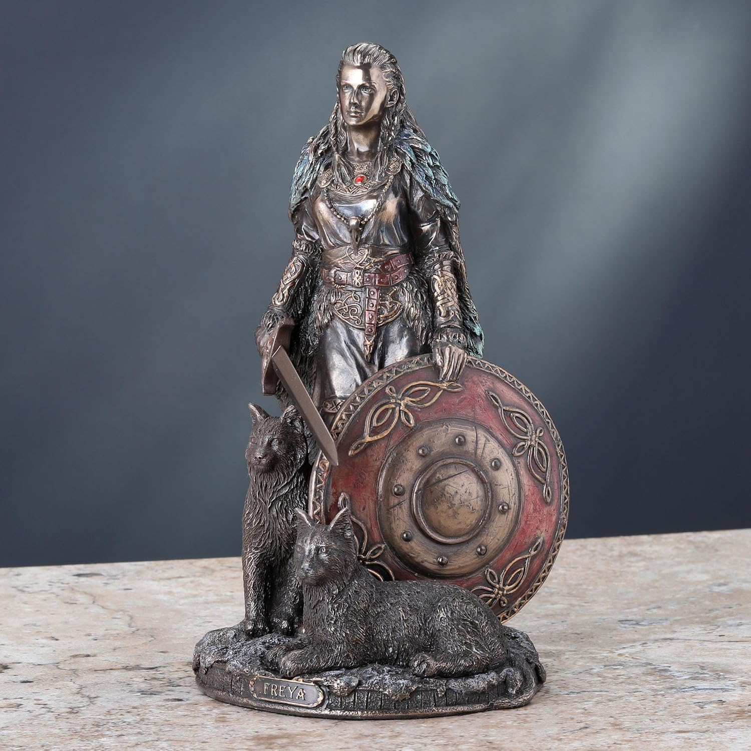 Veronese Design 8 1/4 Shield Maiden Freya Norse Goddess of Love Beauty and War Cold Cast Resin Sculpture Antique Bronze Finish Statue image number 5