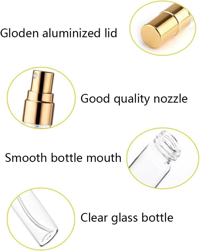IMIROOTREE 20Pcs Clear Glass Mist Spray Bottle Atomizer Refillable Empty Sample Containers with Golden Lids for Cleaning, Essential Oils, Travel (2Ml)