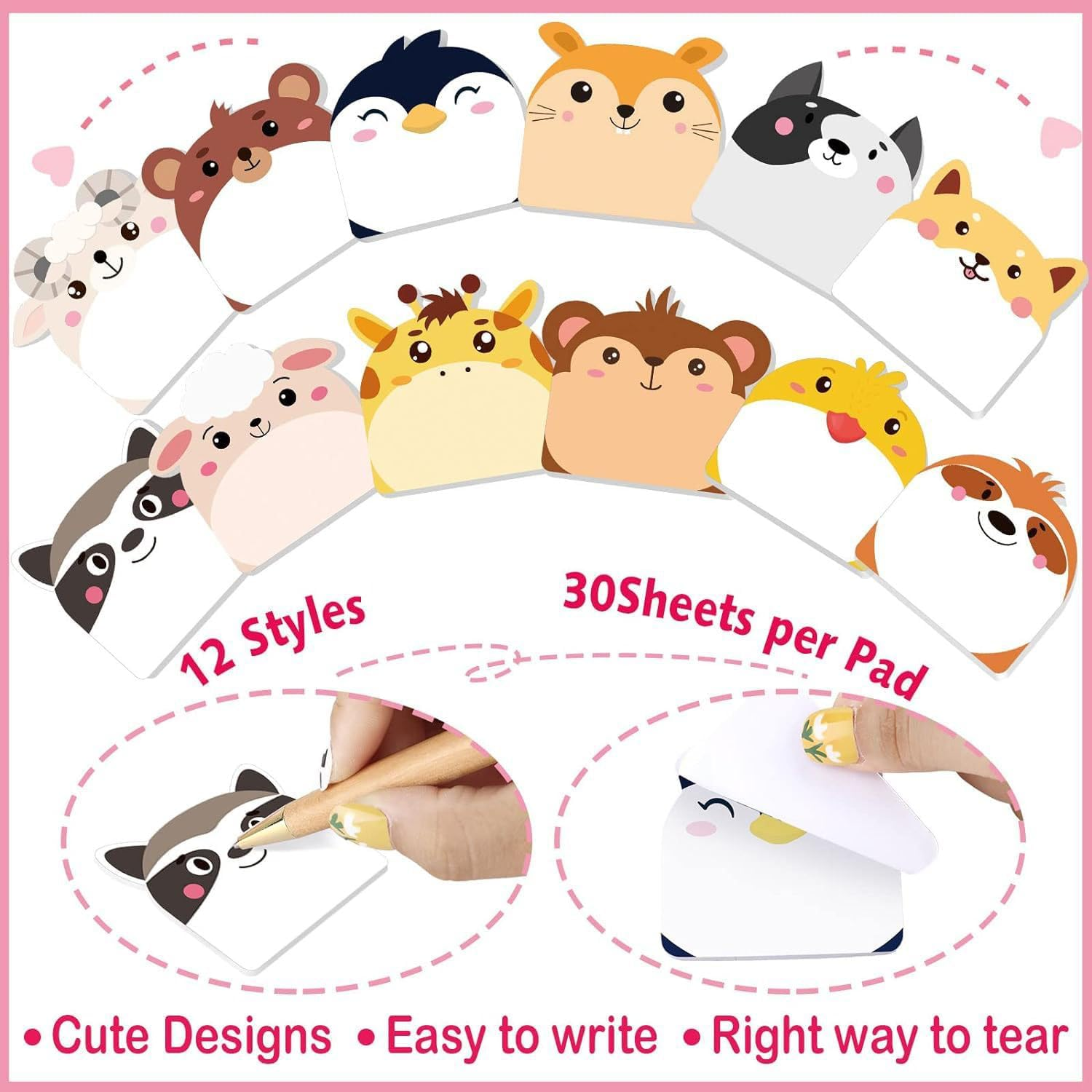 Weforu Animal Sticky Notes Cartoon,12 Pads Kawaii Animals Sticky,Self-Stick Message Tabs for School Student Kids Gifts Party Bags Filler (360 Sheets)