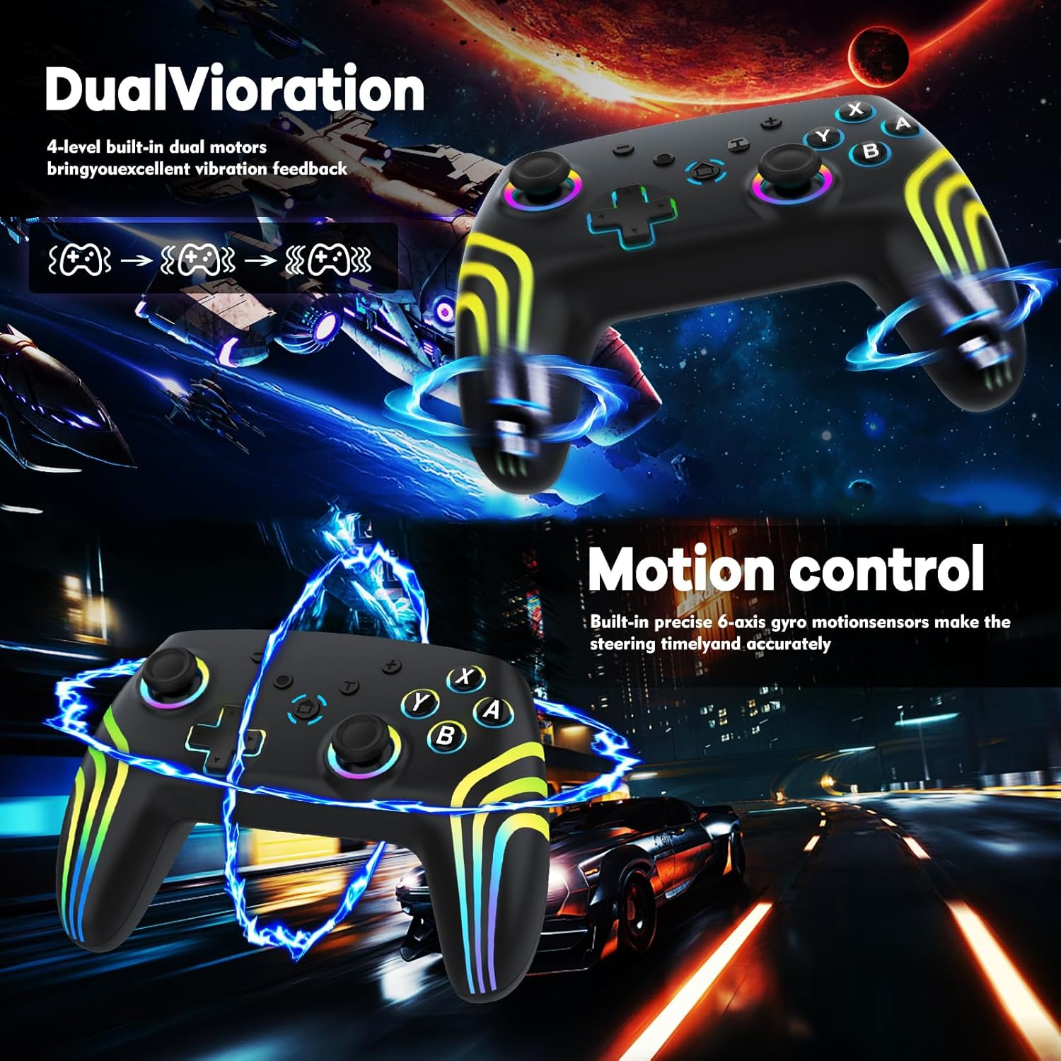 MYSTILUCK Wireless Pro Controller for Switch/Switch 2/Lite/Oled/Pc, Gamepad with 7 Color Changing RGB Lighting/Hall Effect Trigger/Dual Vibration/Turbo, Ergonomically Designed Precise Joystick image number 6