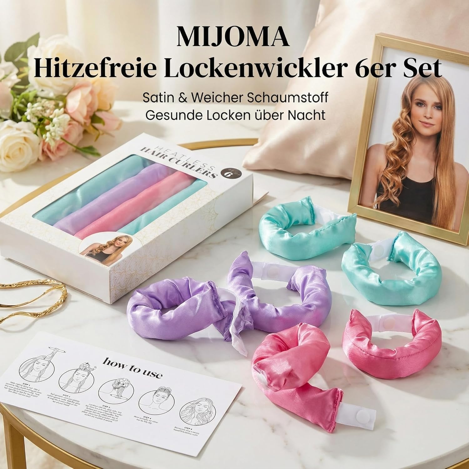 MIJOMA Heat-Free Curlers - Set of 6 Satin Curling Irons - for Healthy Curls without Heat - Soft Foam Curler for Day & Night - 22 Cm # image number 3