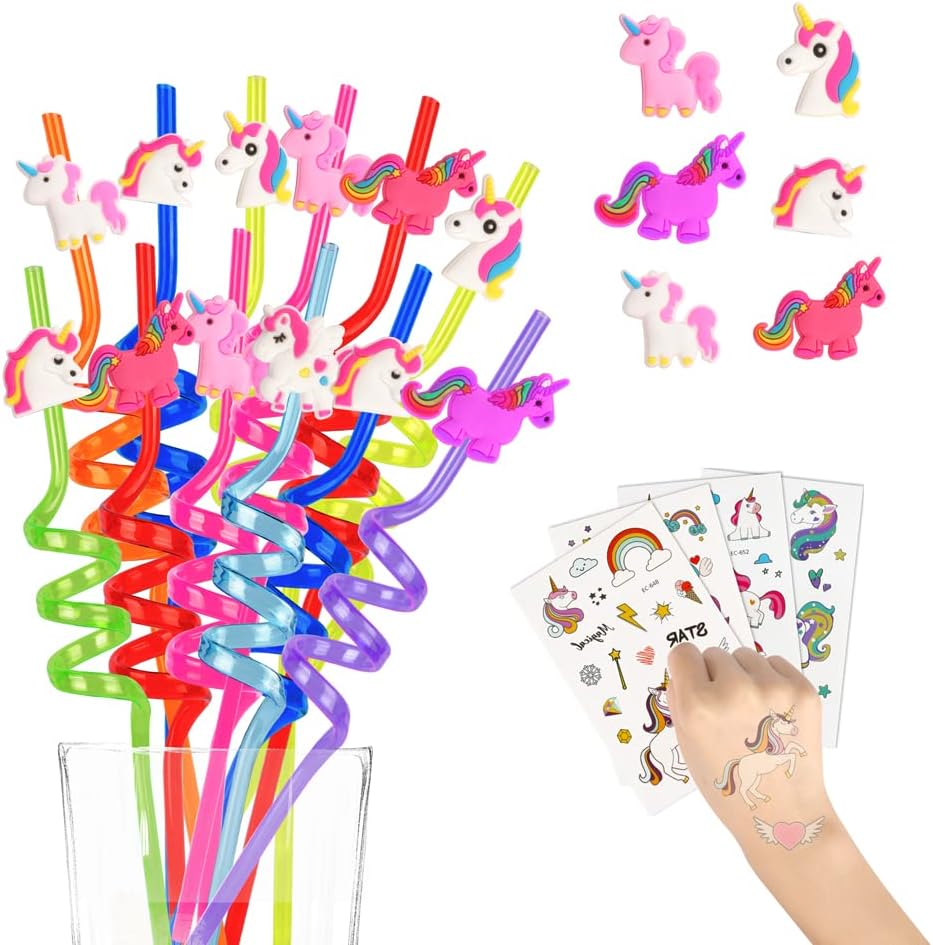 Pack of 12 Unicorn Drinking Plastic Straws + 4 Temporary Tattoos + 1 Cleaning Brush, Reusable Drinking Straws for Birthday Party Accessories image number 2