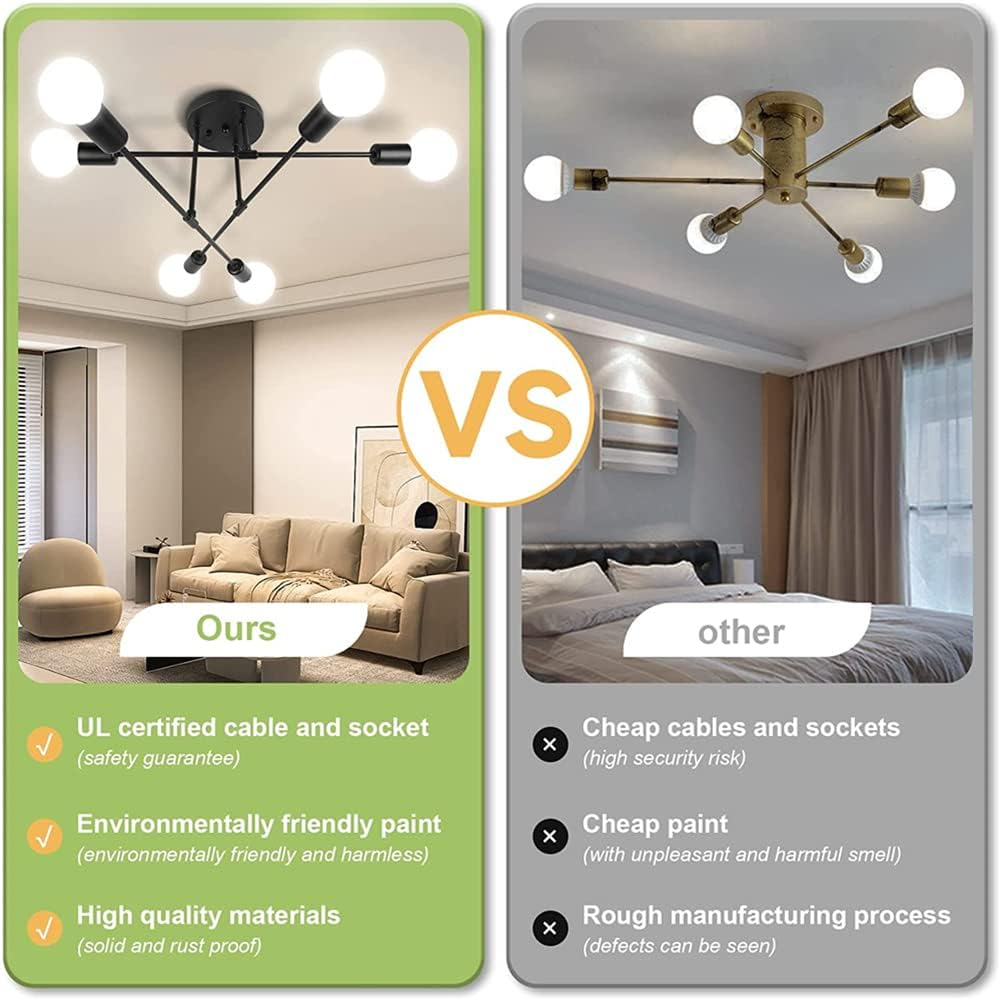 KEPHTH Modern Sputnik Chandelier Ceiling Light Fixture with 6 Lights Black Mid Century Semi Flush Mount Ceiling Lights for Bedroom, Dining Room, Living Room, Kitchen, E27 Base, Bulbs Not Included image number 5