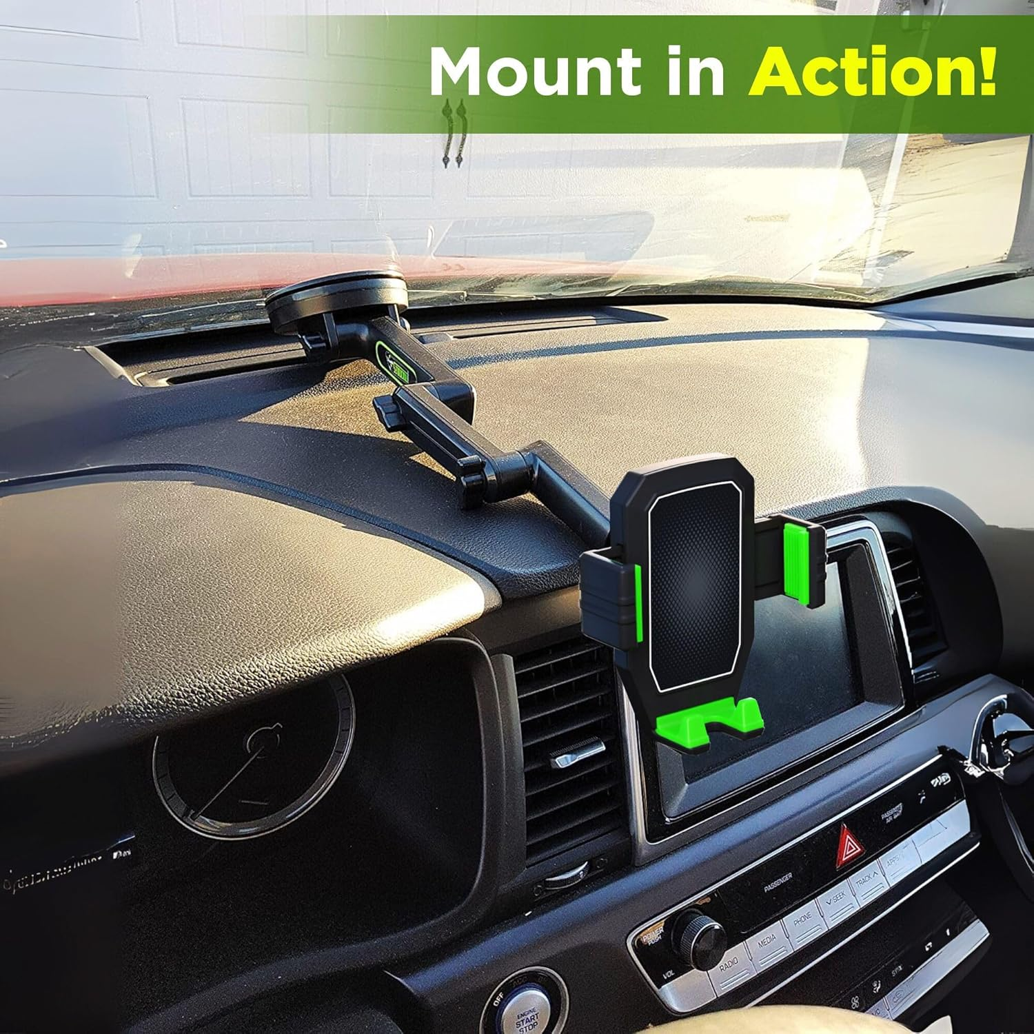 Phone Mount for Truck Phone Holder for Truck - Heavy Duty Super Suction Cup, Mobile Device Holder Dashboard Window 16.9 Inch Long Arm & Stable, Iphone & Samsung Compatible, Big Rig Trucker, Green