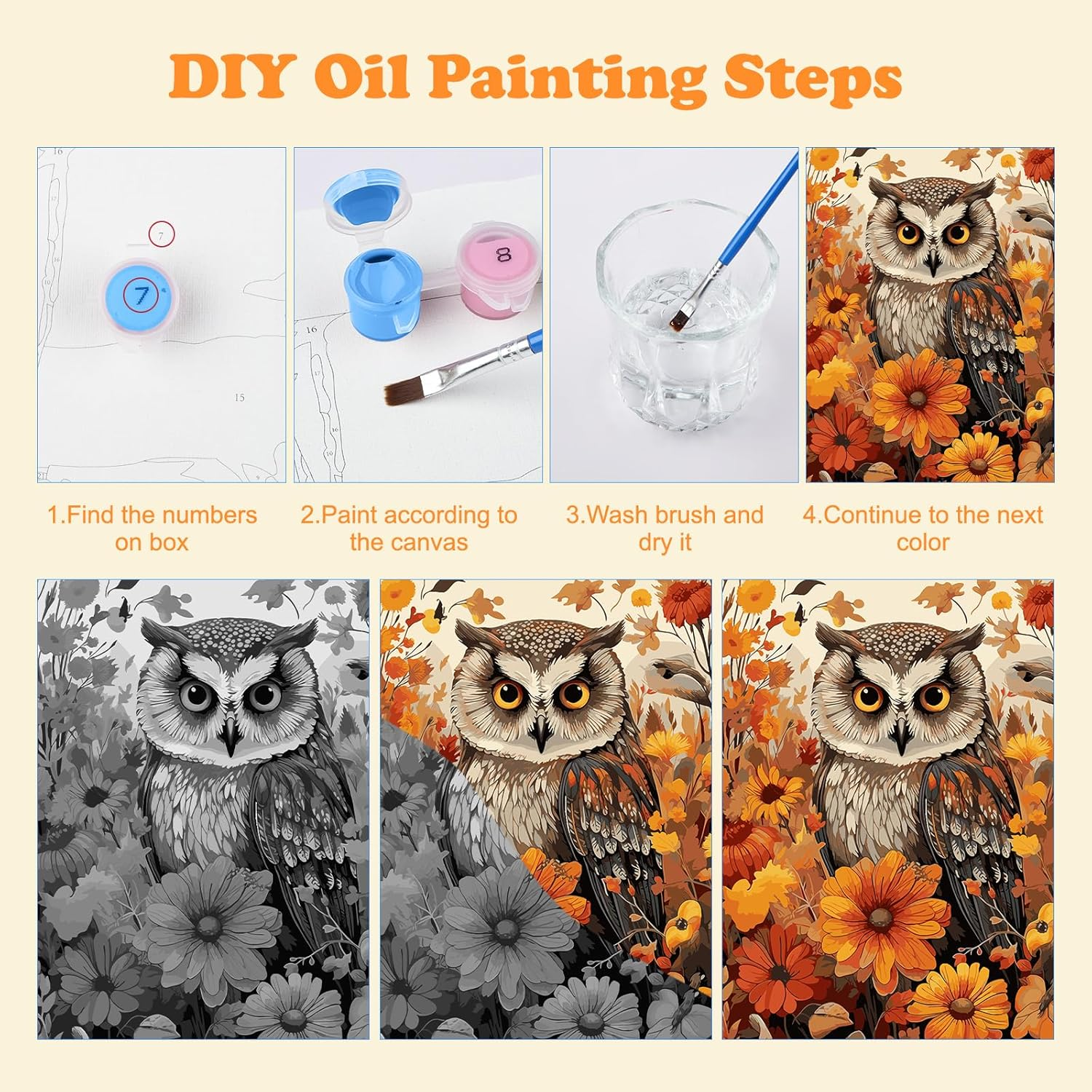 HEIBAGO Owl Paint by Numbers, Flowers Paint by Numbers for Adults Beginners, DIY Paint by Numbers on Canvas Animal Oil Painting Picture for Home Art Decor 16X20 Inch - Bus-Landschaft image number 6