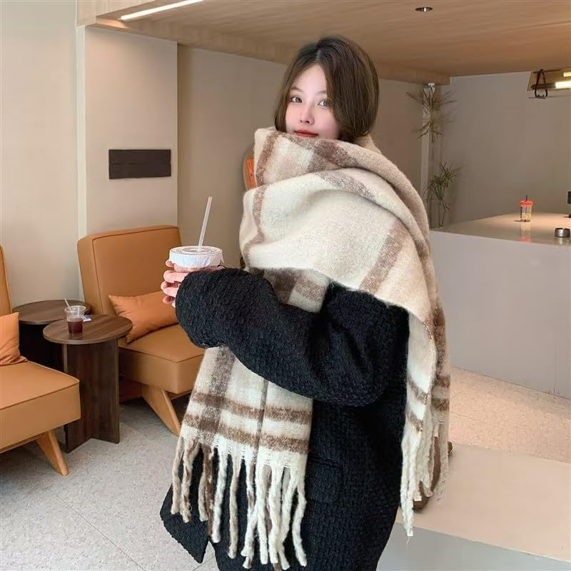 MININAI Womens Large Chunky Color Block Tassel Scarf Oversized Thick Scarves Long Shawl Fashion Winter Warm Blanket Scarf image number 3