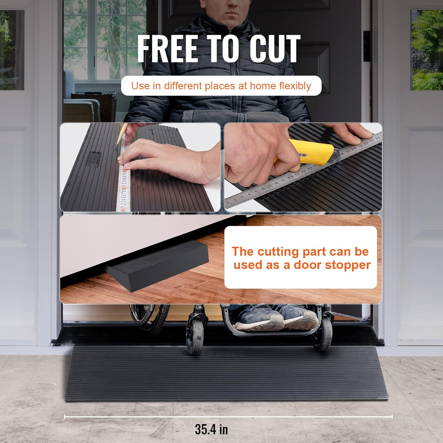 VEVOR 4 Cm Rise Cuttable Threshold Ramp for Sweeping Robot, 90 Cm Wide Natural Rubber Wheelchair Ramp, Non-Slip Solid Rubber Ramp with Double-Sided Tape for Doorways, Driveways, Bathroom, Smooth Tile image number 4