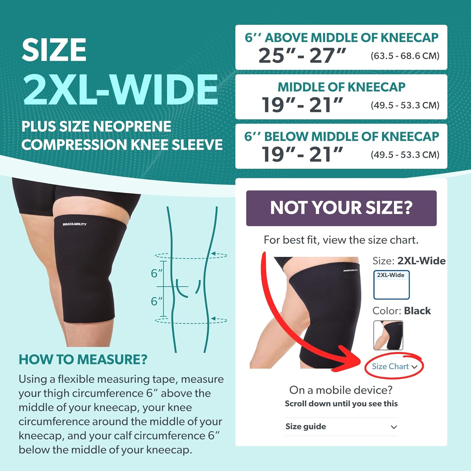 Braceability plus Size Neoprene Knee Sleeve | XXL Compression Support Brace for Bariatric Women & Men with Big Thighs & Arthritis Joint Pain (2XL Wide Calf) image number 5