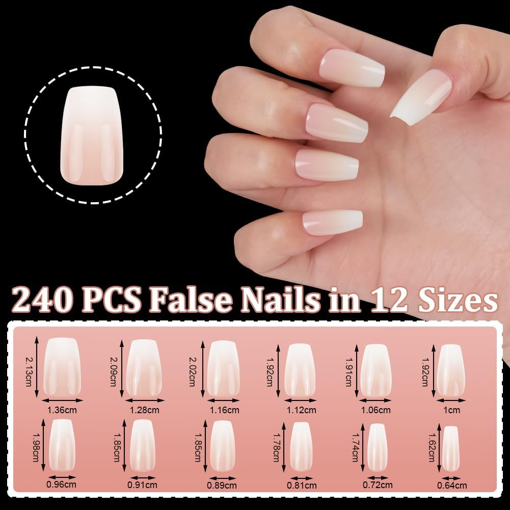 BUTBU Pack of 240 False Nails Tips Set, French False Nails for Sticking, 12 Sizes French Press on Nail Set, Fake Nails with Glue for Women and Women (Colour Gradient Long Coffin Nail Tips) image number 3
