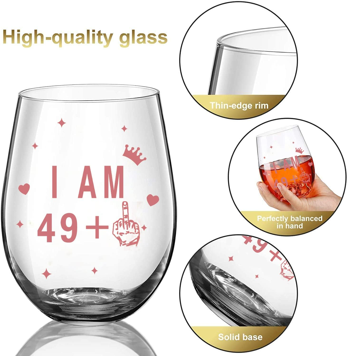 JUWNMANT Stemless Wine Glass 50Th Birthday Wine Glass Gift Anniversary Glass Men and Women 50Th Birthday Party Wedding Anniversary Decoration, 17Oz(I AM 49+1) image number 6