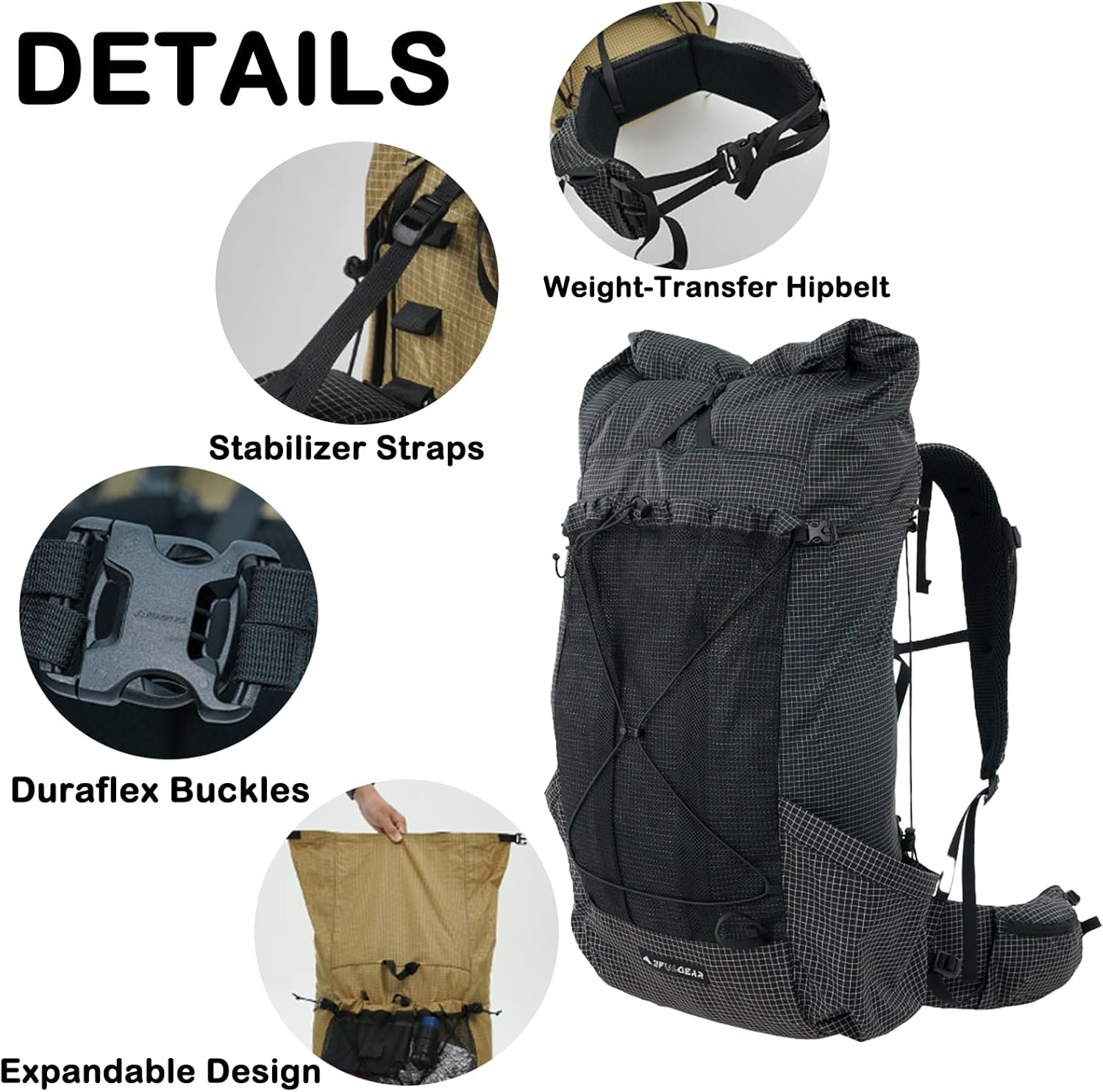 Windhike 3F UL Gear Ultralight Internal Frame Aluminum Backpack Scientific Load-Bearing,Carbon Fiber Crossbar Comfort Weight 3-Stage Adjustable Belt for Hiking & Camping 35+10L