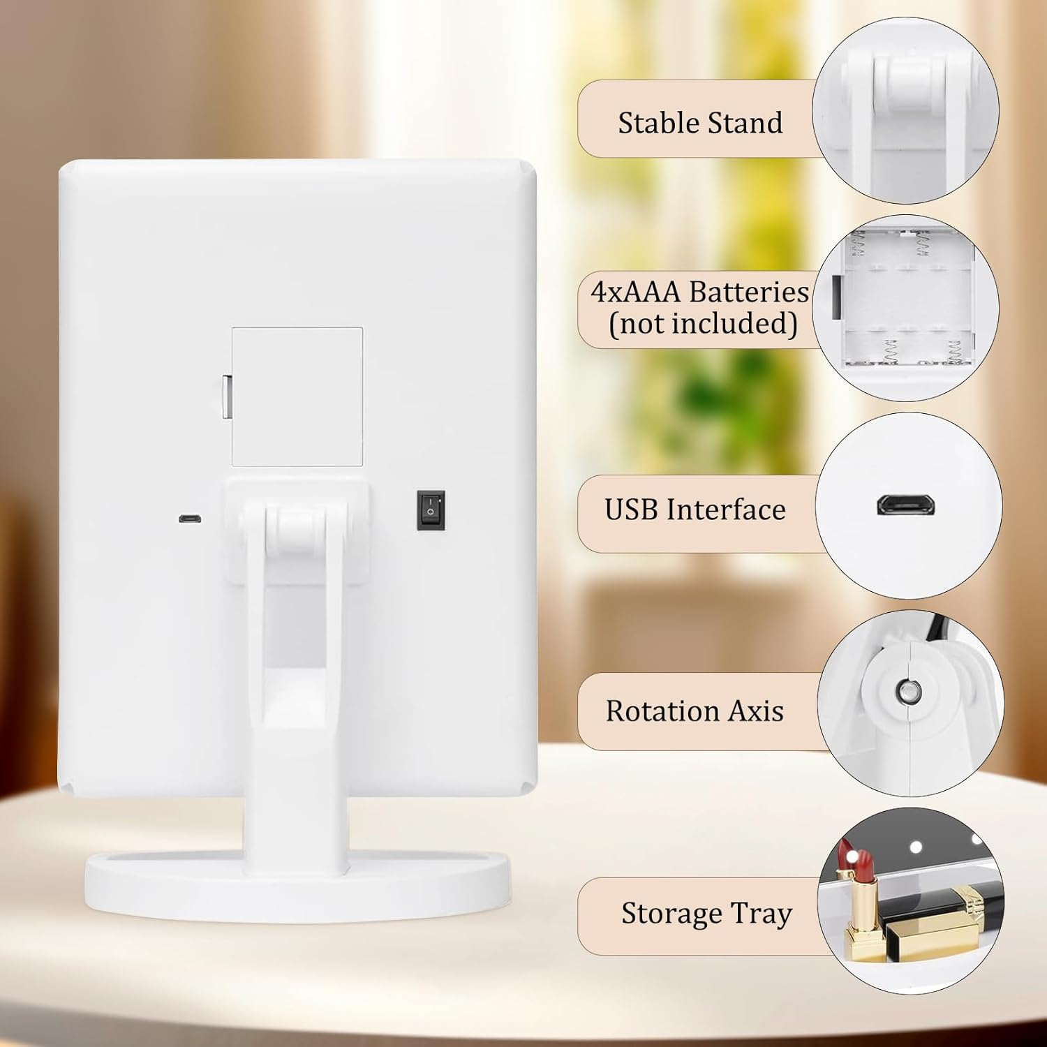 Lighted Makeup Mirror, White Vanity Mirror with 2X, 3X, 10X Magnification, Touch Control, Trifold, for Dresser, Bathroom, Two Power Supply Modes Modern Travel Mirror image number 4