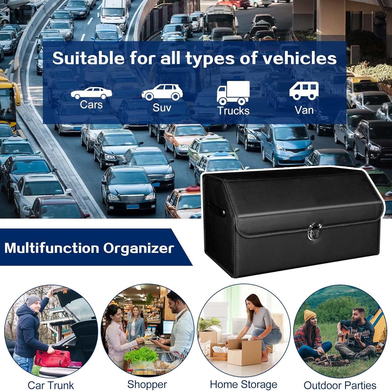 Trunk Organizers for Car, Boot Organizer for Suvs, Leather Storage Box for Sedan, Button Lid, Collapsible Adjustable Compartment Boot Tidy Organizer Accessories for Sedan Pickup Truck RV (Black) image number 1