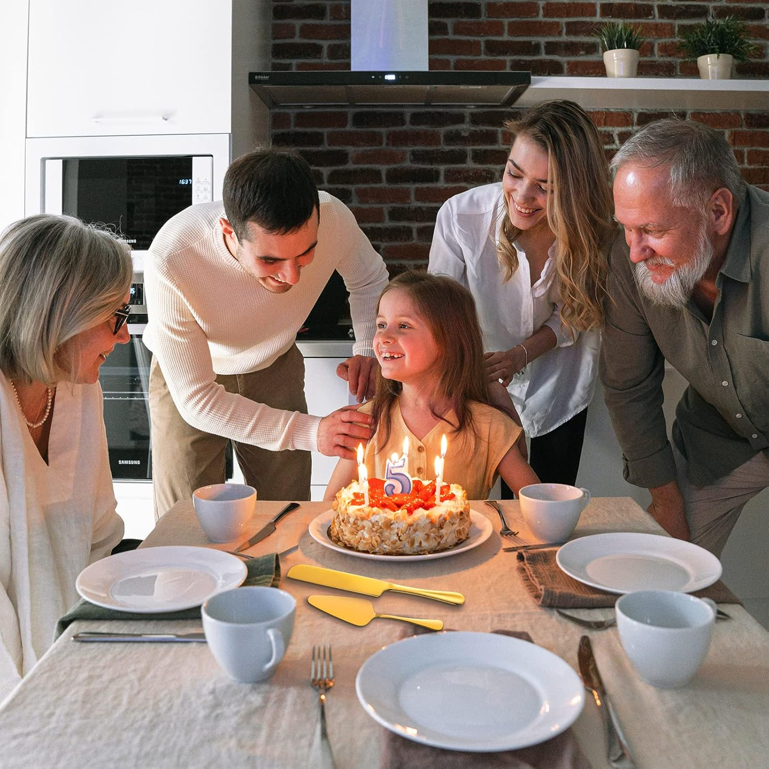 ERVILO Cake Cutting Set for Wedding, Pie Server, Stainless Steel Wedding Cake Knife and Server Set, Golden Cake Cutter for Birthday, Parties and Events (Gold Serving Set) - Black Serving Set image number 6