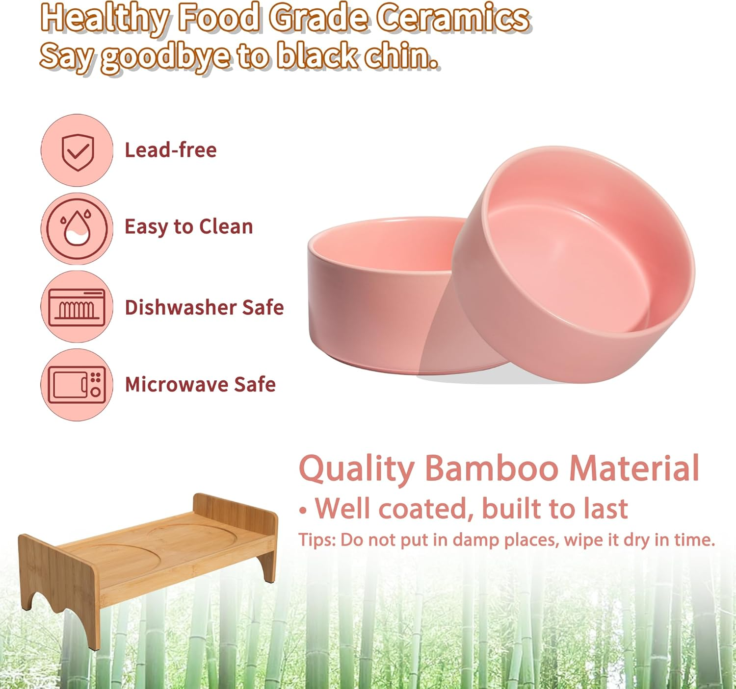 Elevated Ceramic Dog Bowl Set - Double Raised Dog Food and Water Bowls with Bamboo Stand - Pet Dishes for Cats and Puppies - 16.23 OZ - 2 Cups image number 1