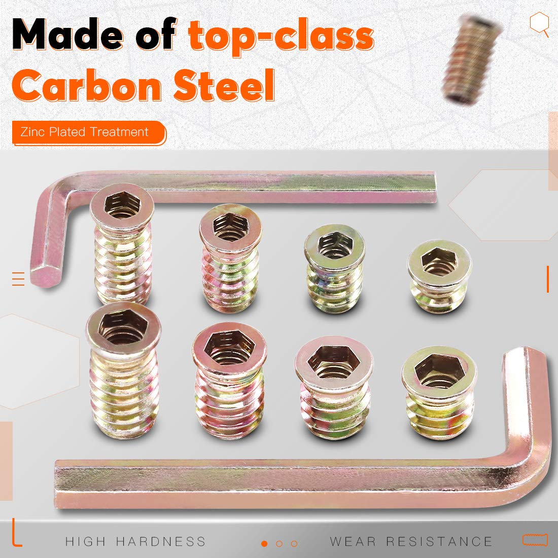 Rustark 120 Pcs 1/4" and 5/16" Carbon Steel Zinc Plated Color Threaded Insert Nuts Assortment Set Screw-In Nut Hex Socket Drive Wood Bolt Fastener Connector for Wooden Furniture