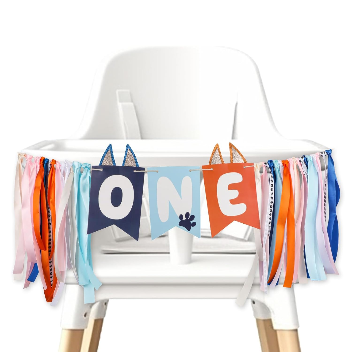 Light Blue Navy Brown Orange First Birthday High Chair Banner, Cute Puppy Paw Print Highchair Banner First Birthday Boys and Girls First Birthday Decor Birthday Backdrop Banner